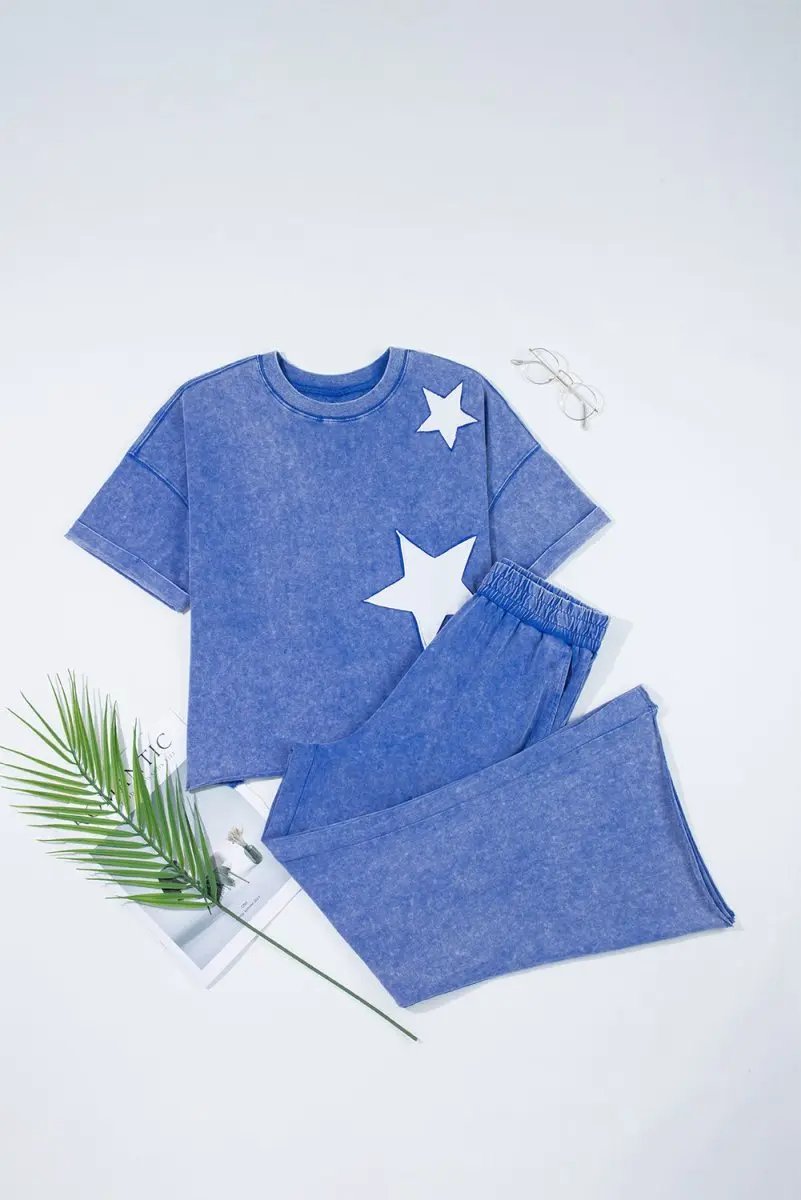 Love Salve  Ashleigh Blue Acid Wash Star Patched Rolled Trim