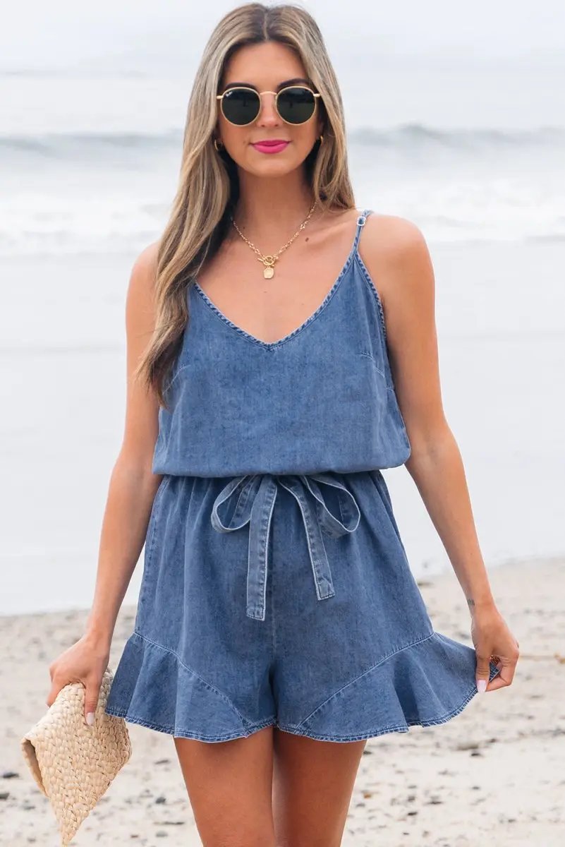 Love Salve  Ashleigh Blue Spaghetti Straps V Neck Belted