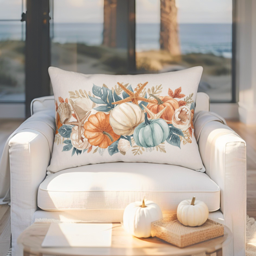 Fall Coastal Throw Pillow – Pumpkins &amp;amp; Seashells