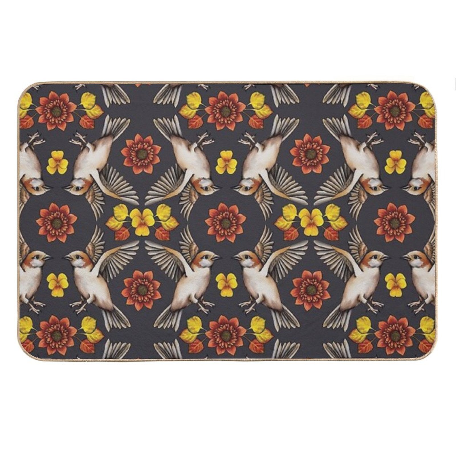 Autumn Sparrows with Flowers &amp;amp; Leaves Bath Mat