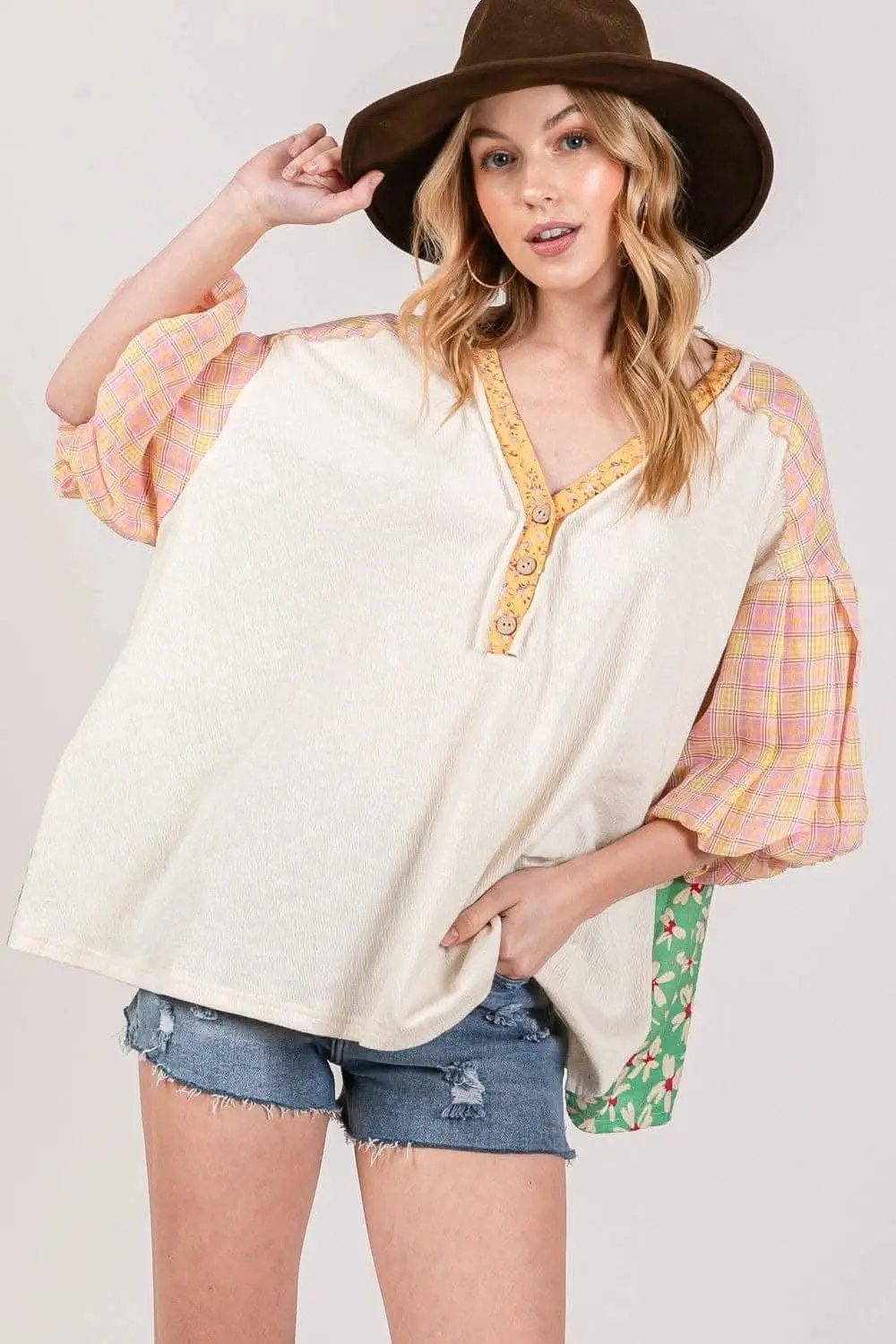 Color Block Top Women&amp;#39;s Casual Bubble Sleeve T-Shirt Trendy &amp;amp; Comfy
