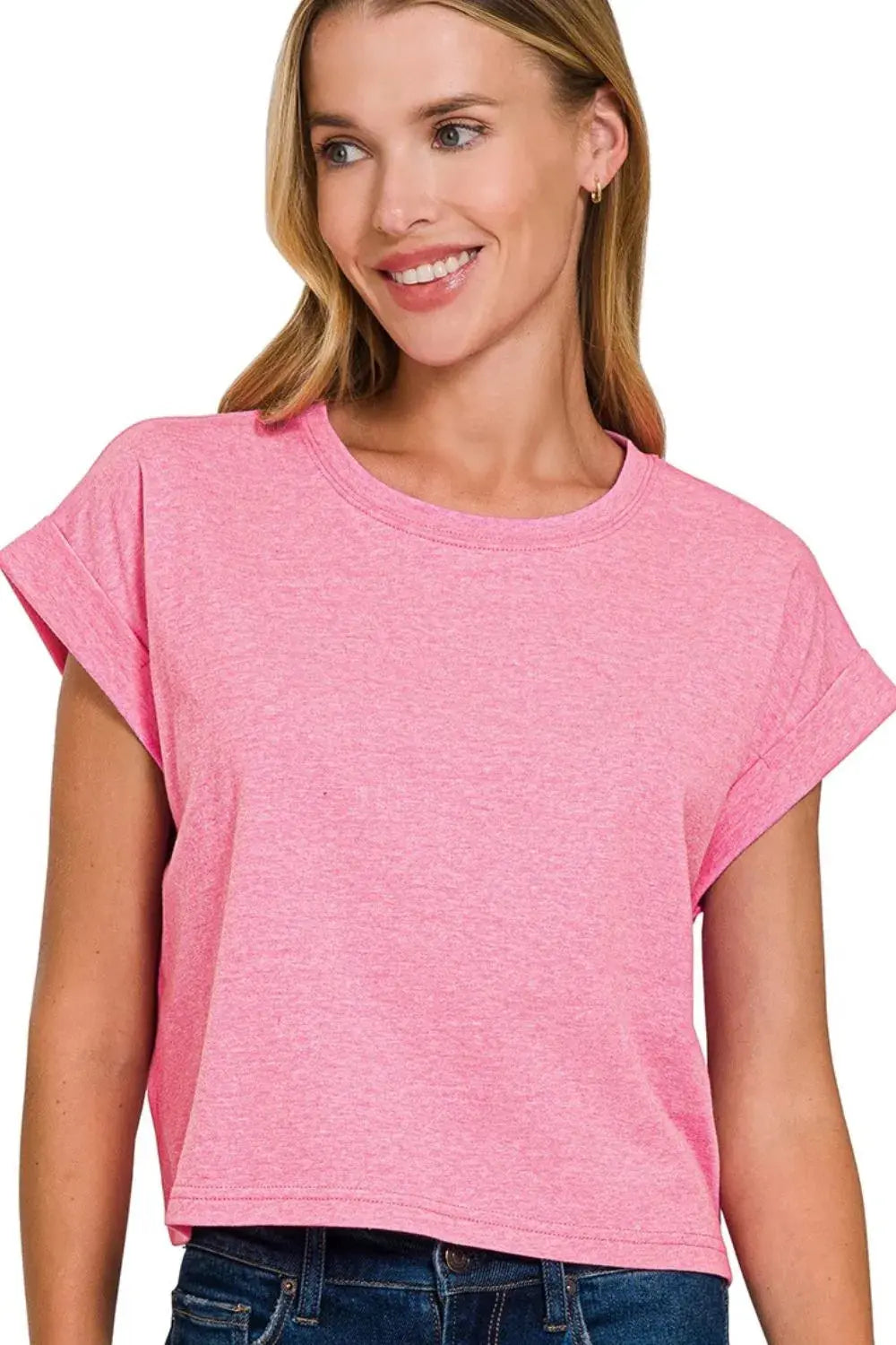 Trendsi Zenana Crop Top Women&amp;#39;s Casual Tee USA Made Rolled Sleeve T-Shirt