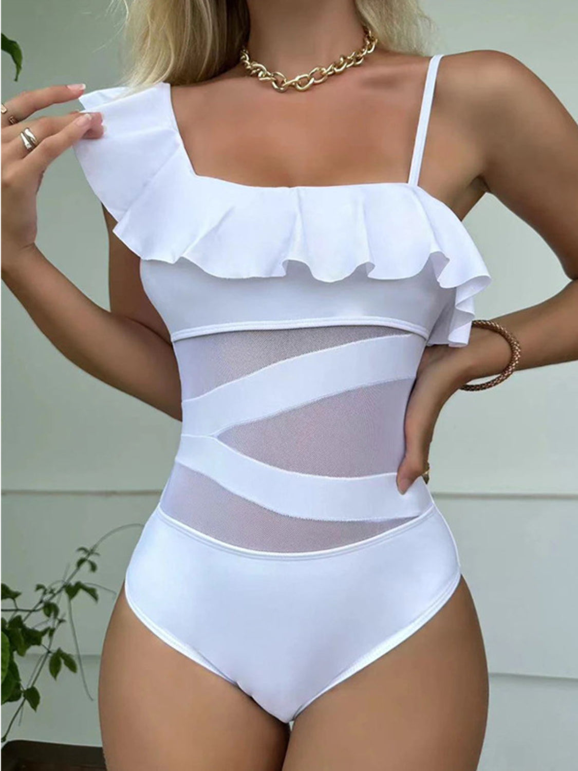 Sunkissed Sass Asymmetrical Ruffle One-Piece – White Hot Edition
