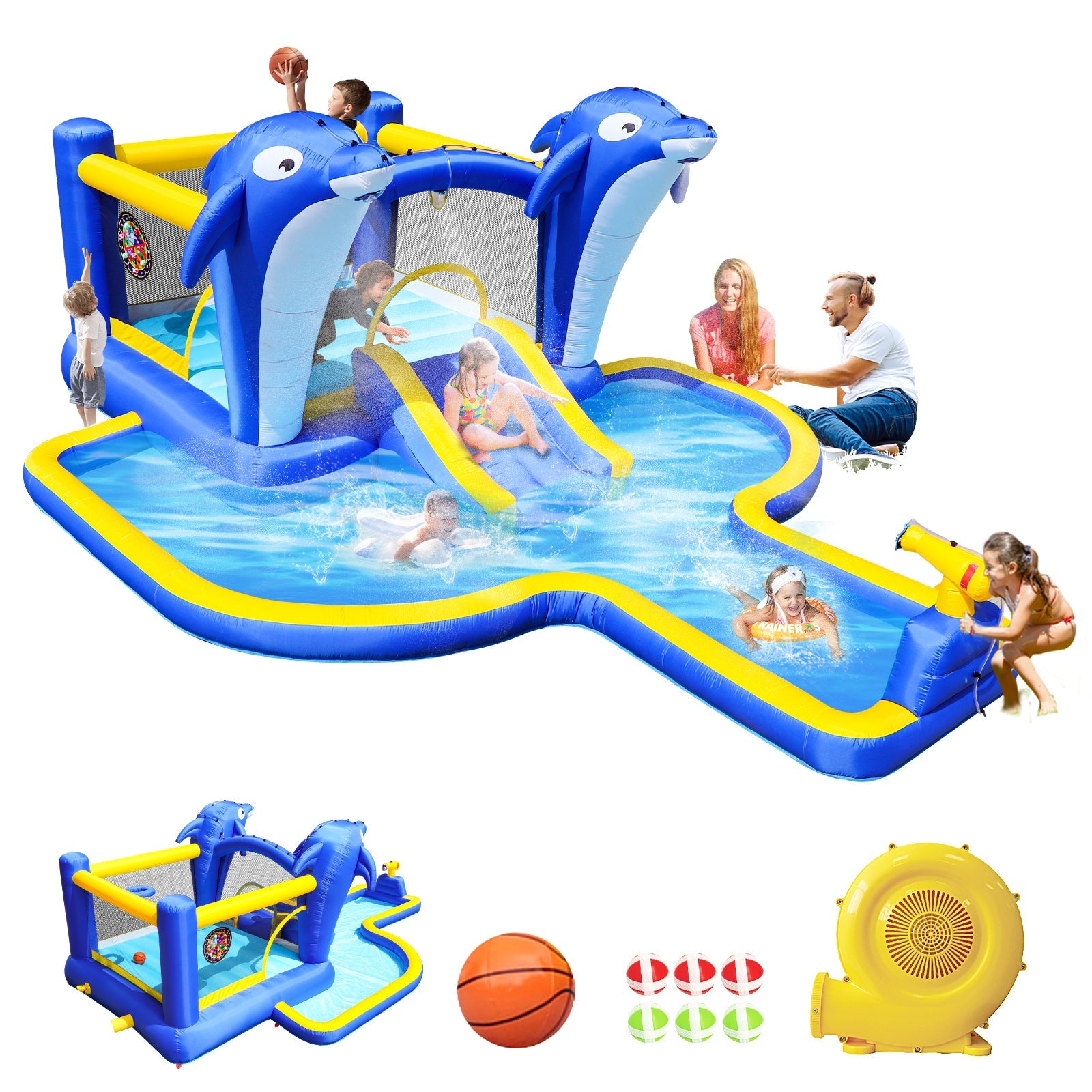8 in1 Inflatable slide water park trampoline bouncing house outdoor garden with  Dolphin sprinkler &amp;amp; Target games &amp;amp; Water gun &amp;amp; Basketball