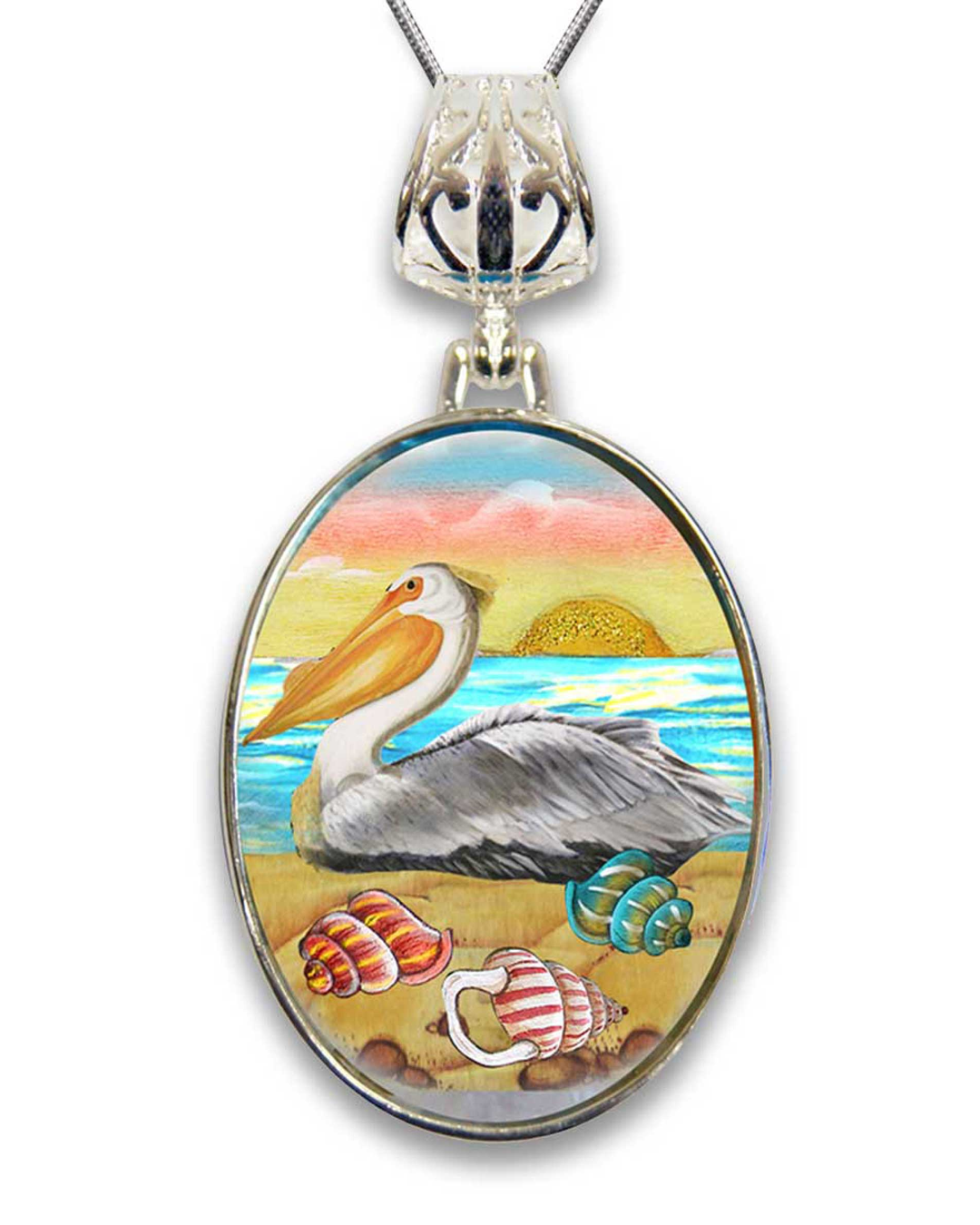 Pelicans Birds at Sea Silver Plated Mother of Pearl Jewelry Pendant Necklace Coastal - 44047