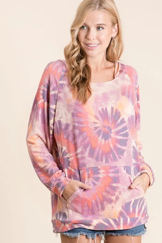 BiBi Circular Tie Dye Print Terry Hoodie with Kangaroo
