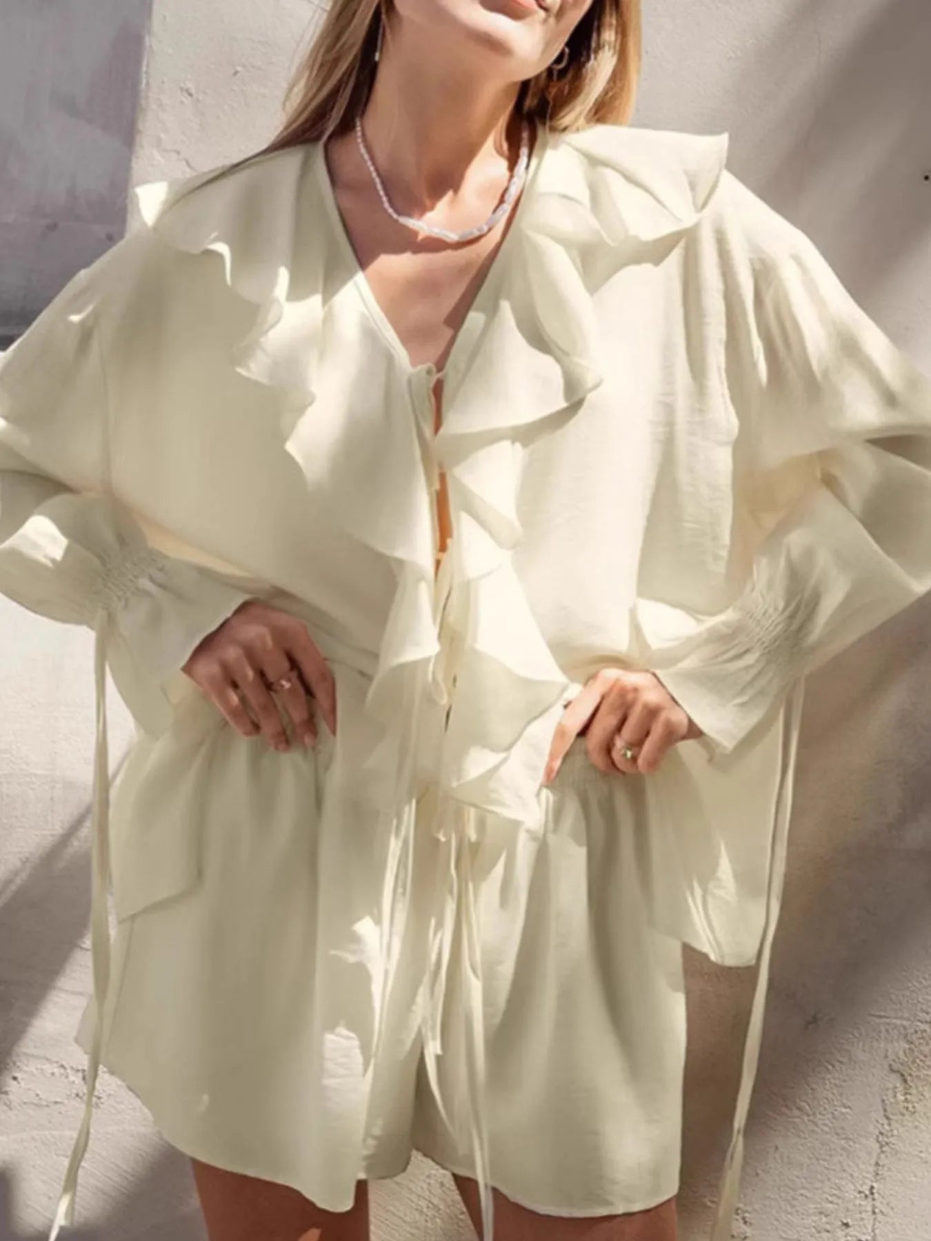 Ruffled V-Neck Top and Shorts Set