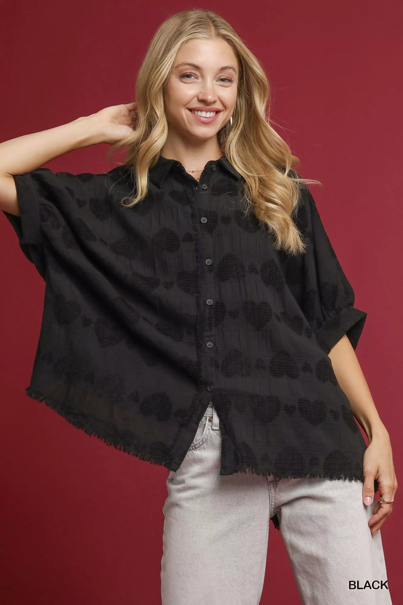 Umgee Jacquard Heart Collared Shirt