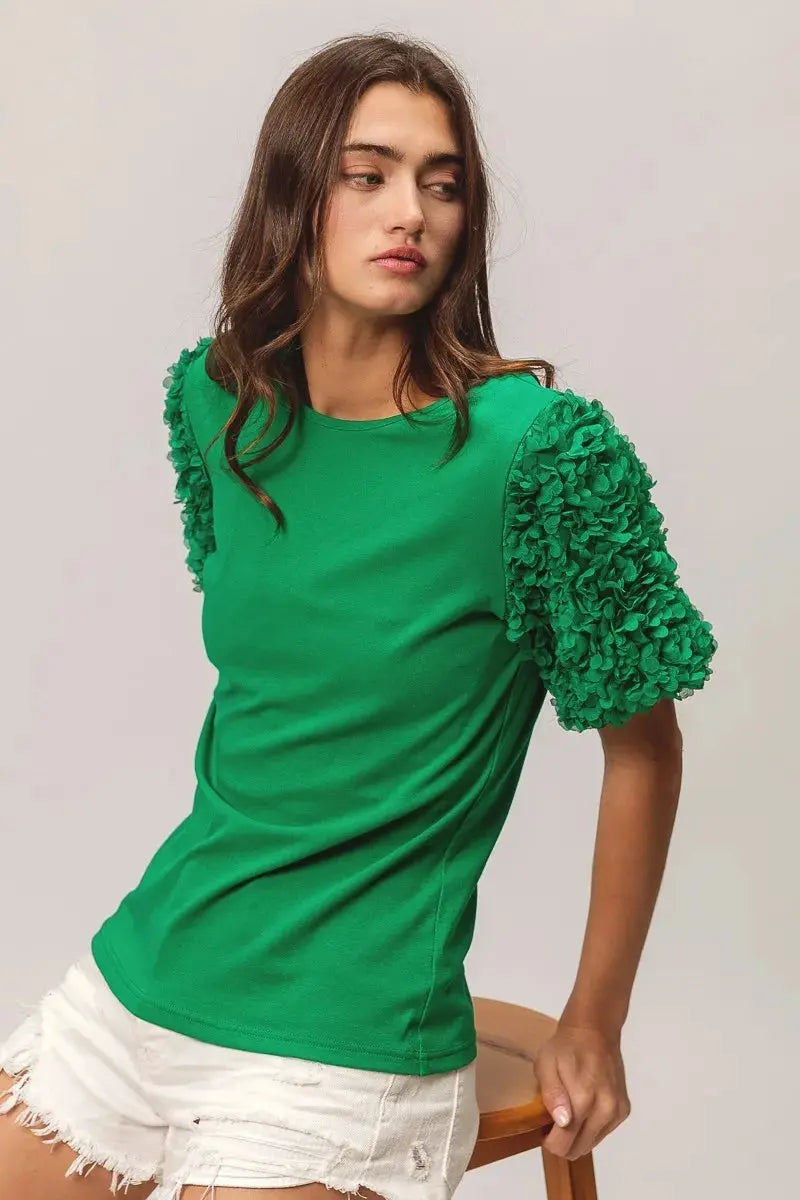 Mesh Flower Sleeve Top Women&amp;#39;s Casual Knit Tee - USA Ship