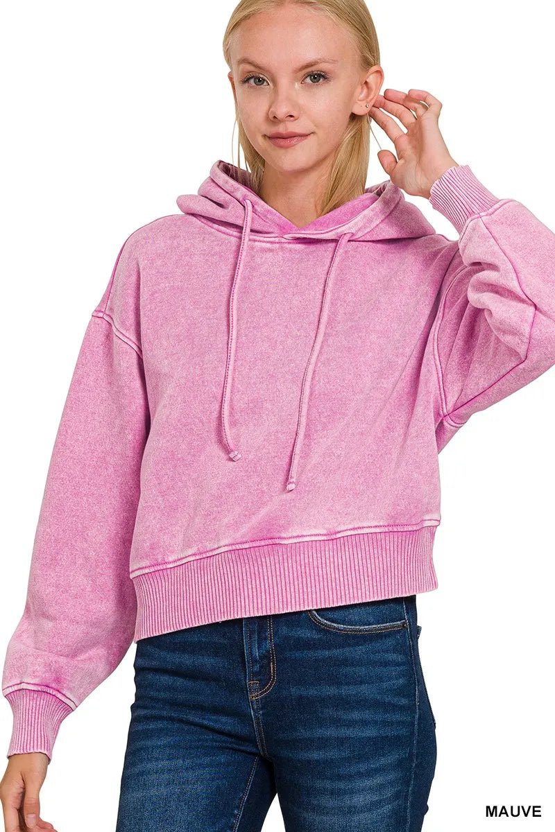Zenana Acid Wash Fleece Drawstring Cropped Hoodie