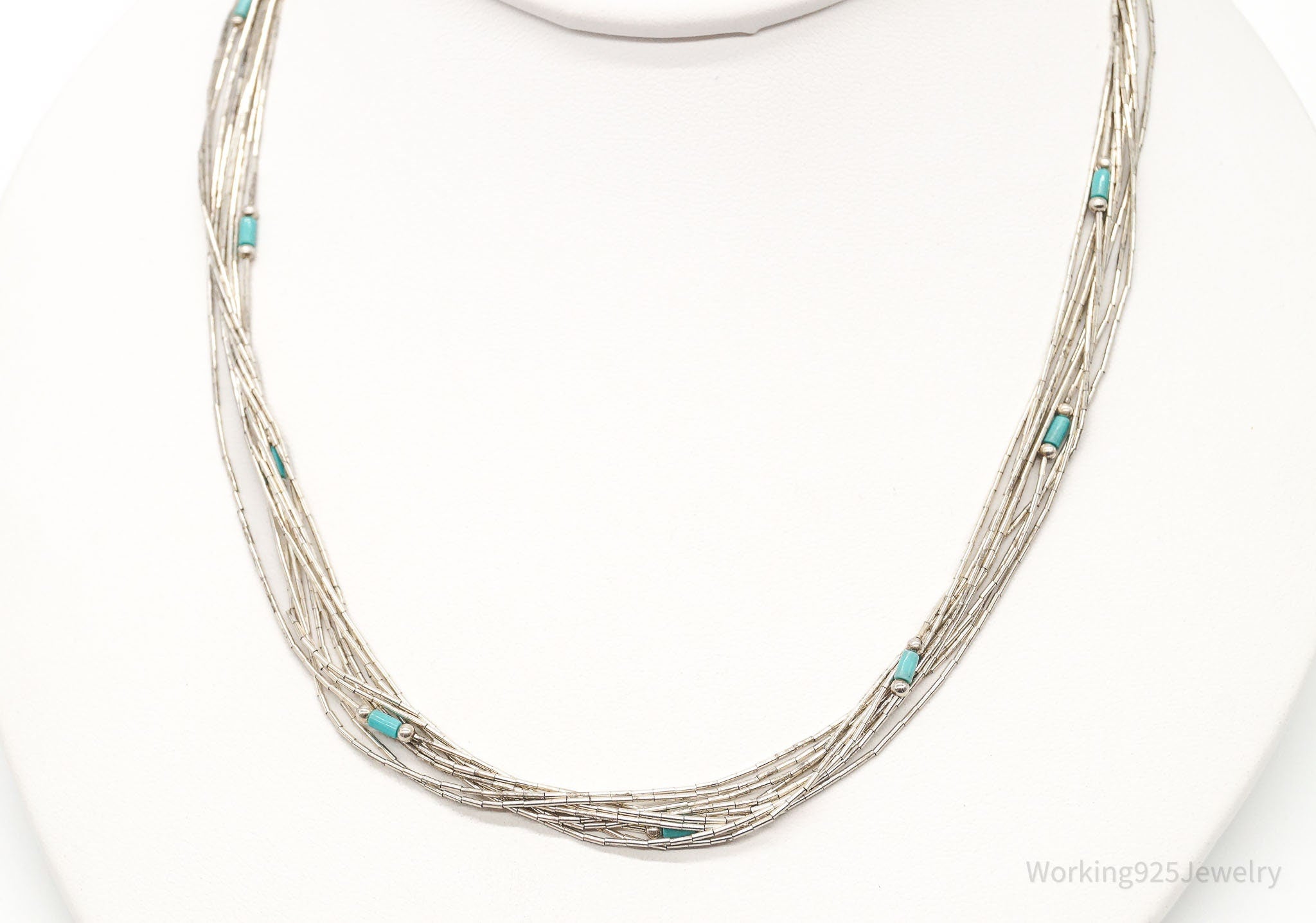 Vintage Native American Blue Turquoise Sterling Silver Bead Necklace 22&amp;quot;