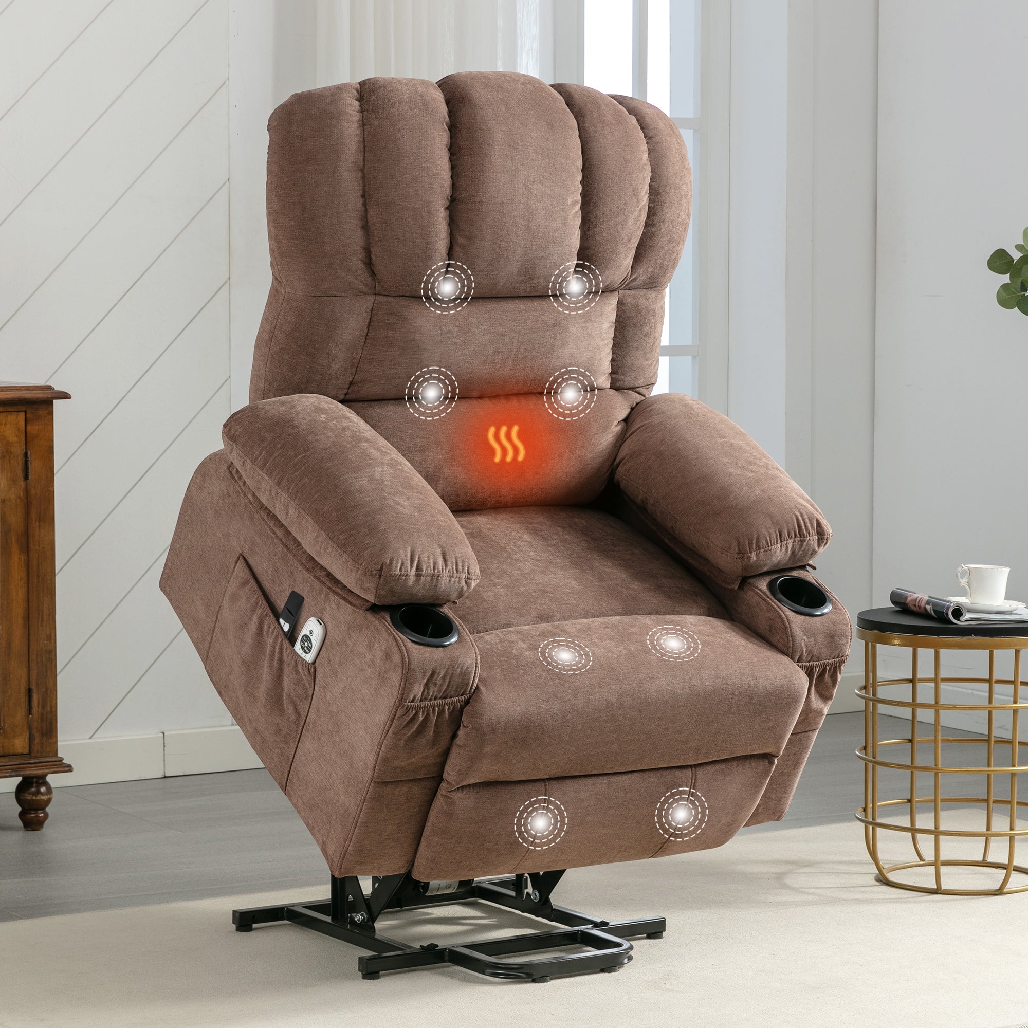 Power Electric massage lift lounge chair, suitable for the elderly, with heating and vibration functions, with USB, can be used for lying down. BROWN