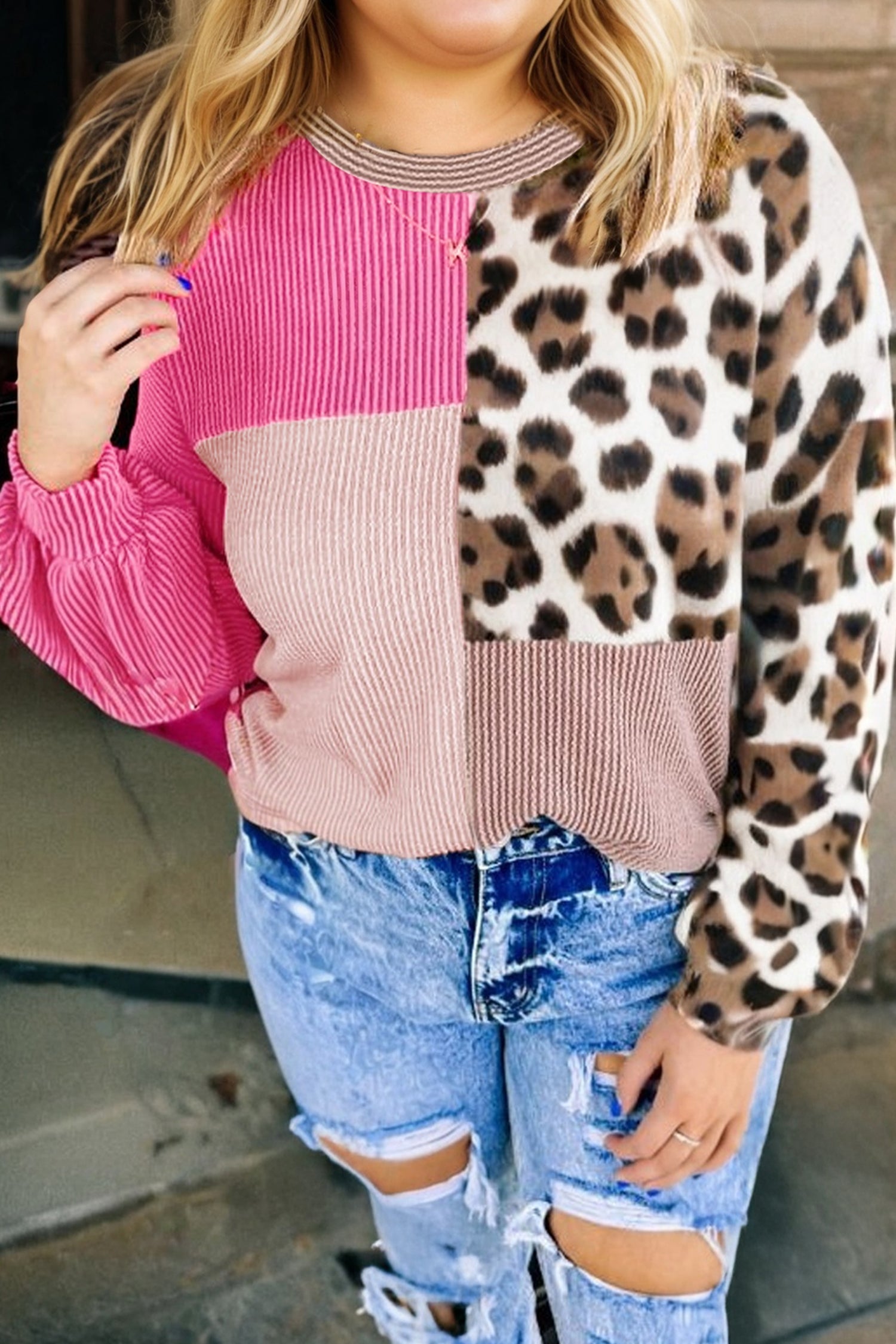 Plus Size Leopard Corded Knit Patchwork Long Sleeve Top