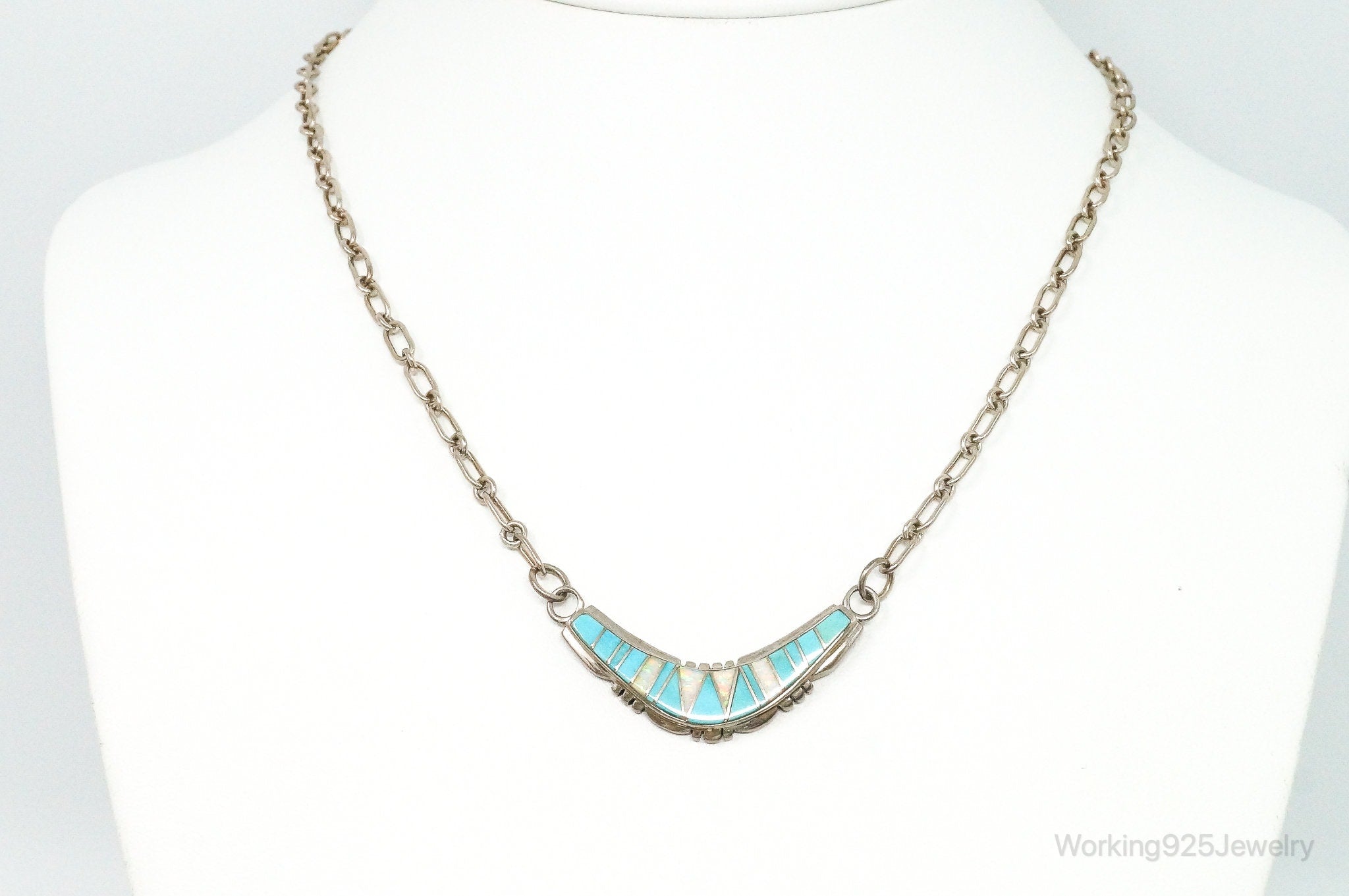 Vintage Native American Turquoise Opal Inlay Sterling Silver Necklace