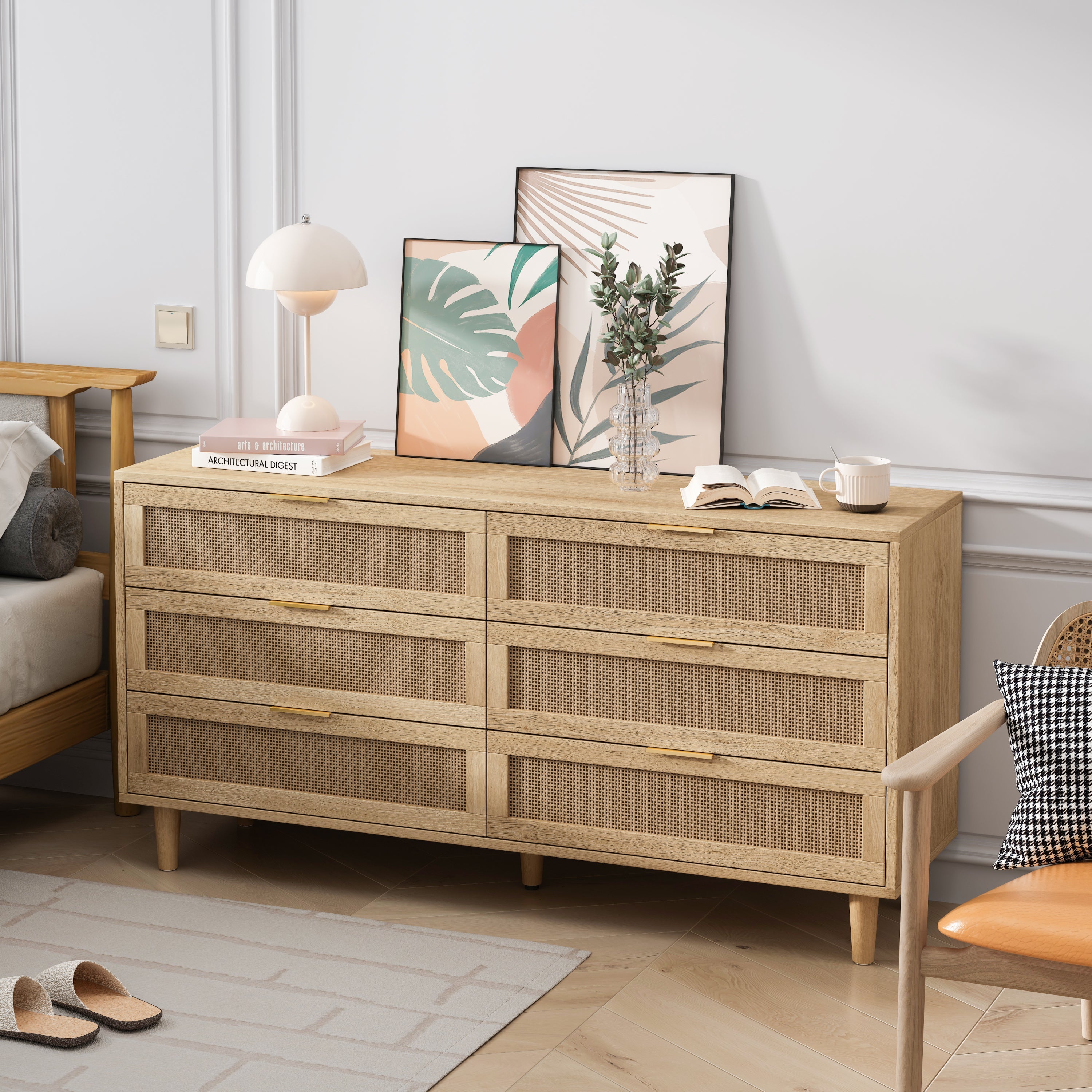 59.06&amp;#39;6-Drawers Rattan Storage Cabinet Rattan Drawer with White Drawer Slides,for Bedroom,Living Room,Natural