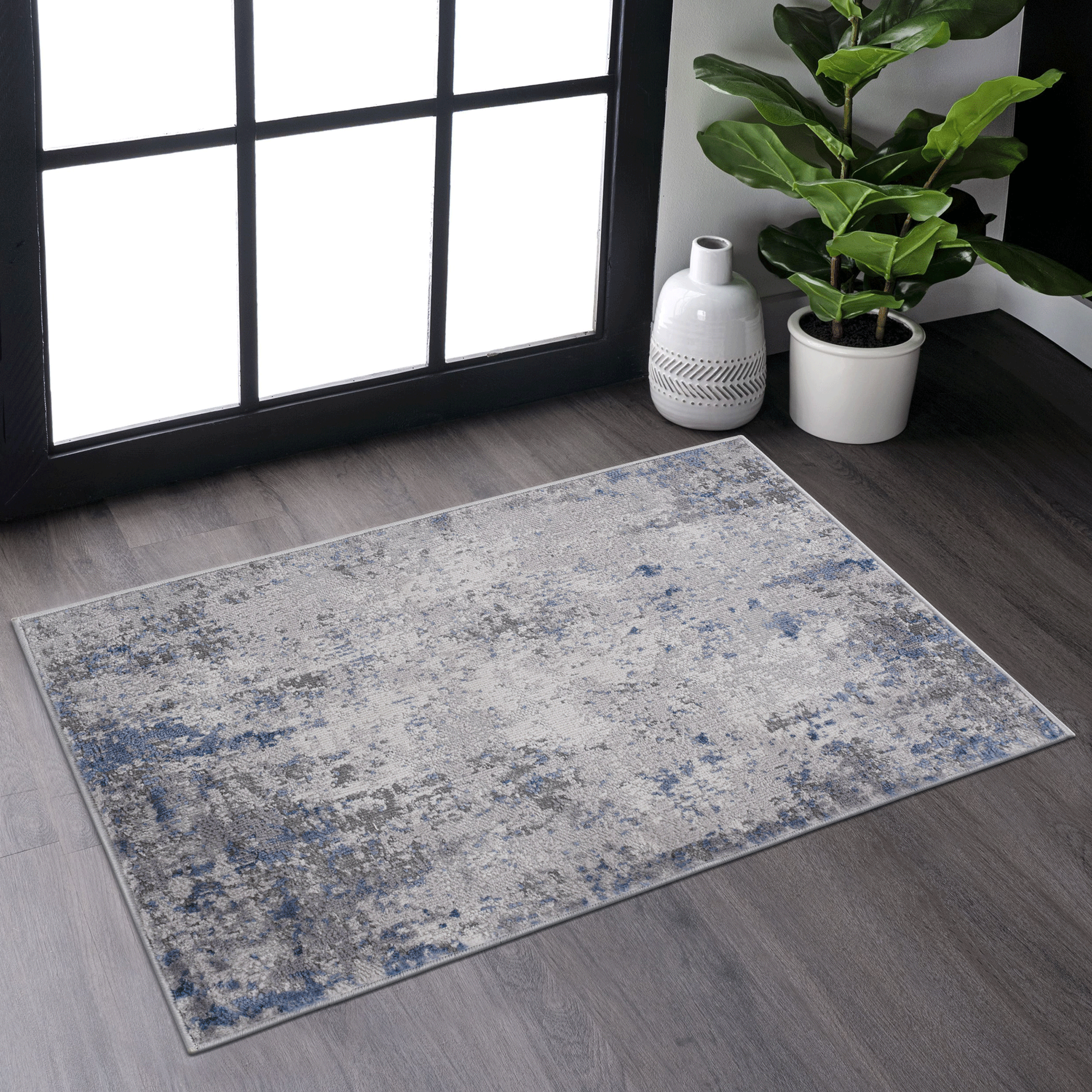 NAAR MARFI Collection 2X3 Silver / Blue / Abstract Doormat Rug