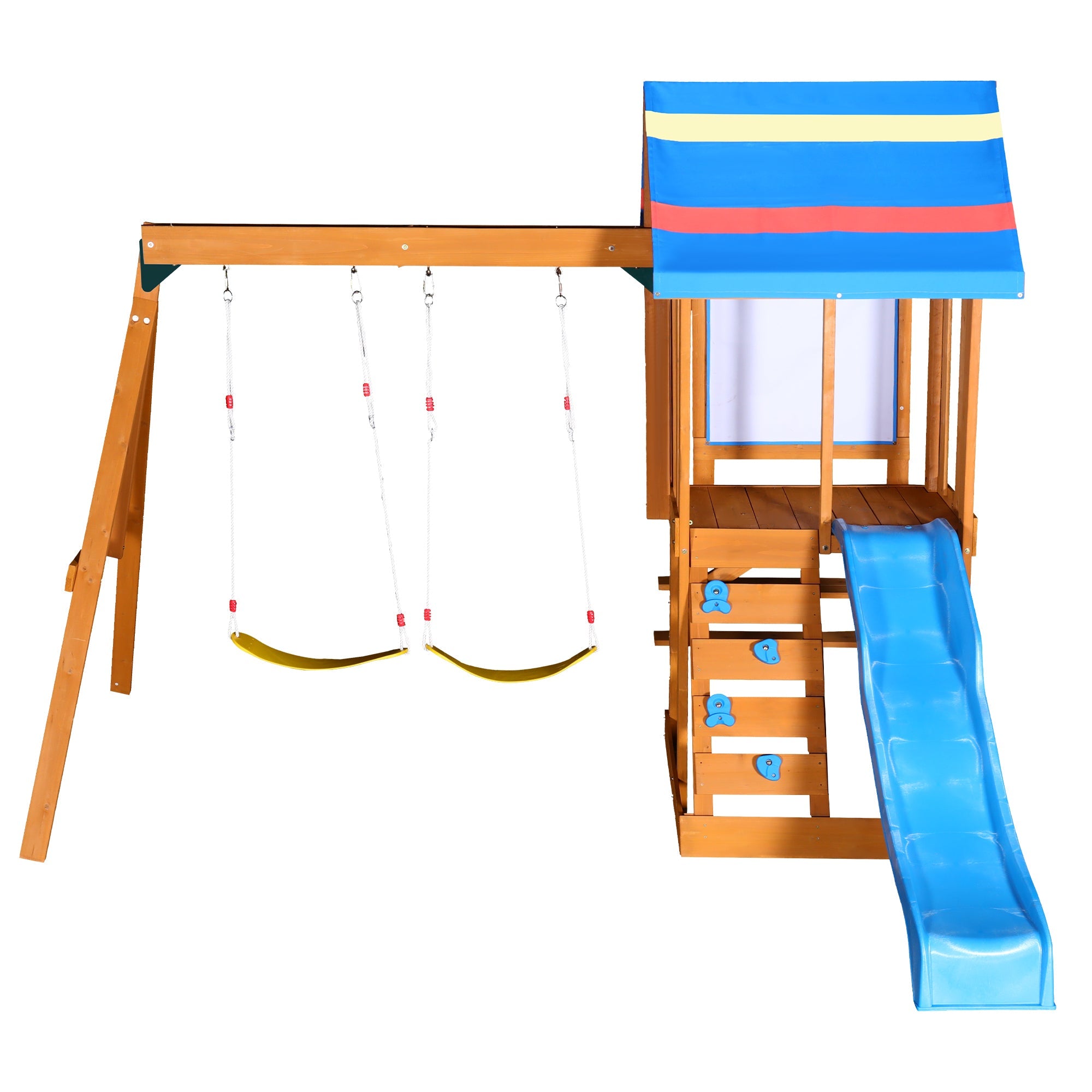 Blue Wooden Outdoor Swing Set 3 in 1 Children&amp;#39;s Playset with Slide, Swings, and Climber for Garden, Backyard, Playground