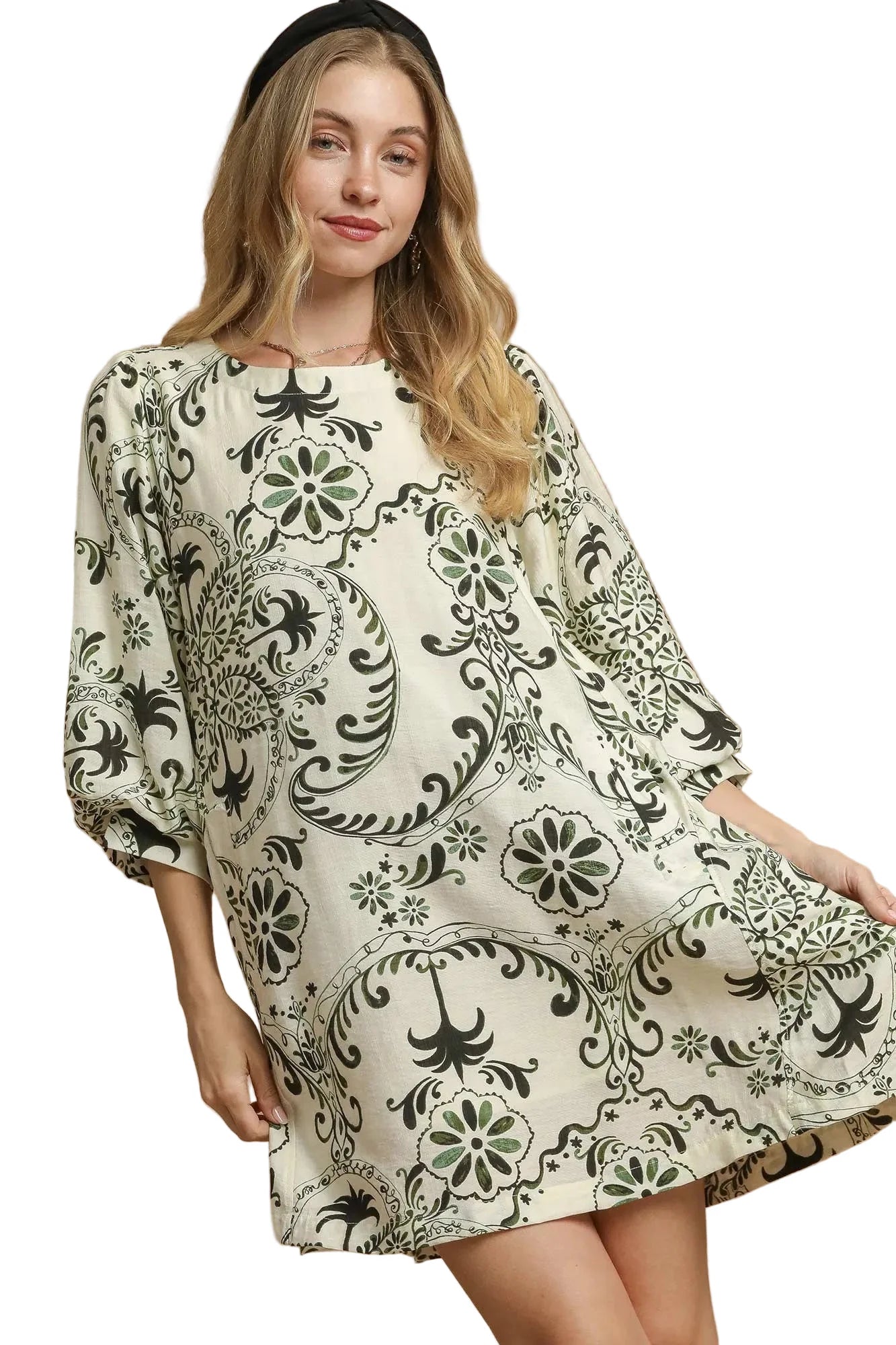 Boho Printed Balloon Sleeve Mini Dress