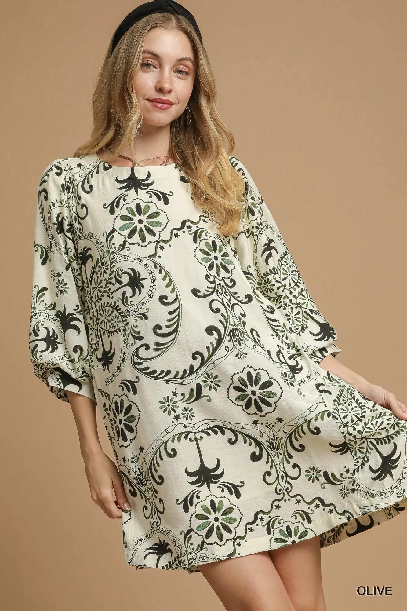 Umgee Boho Printed Balloon Sleeve Mini Dress