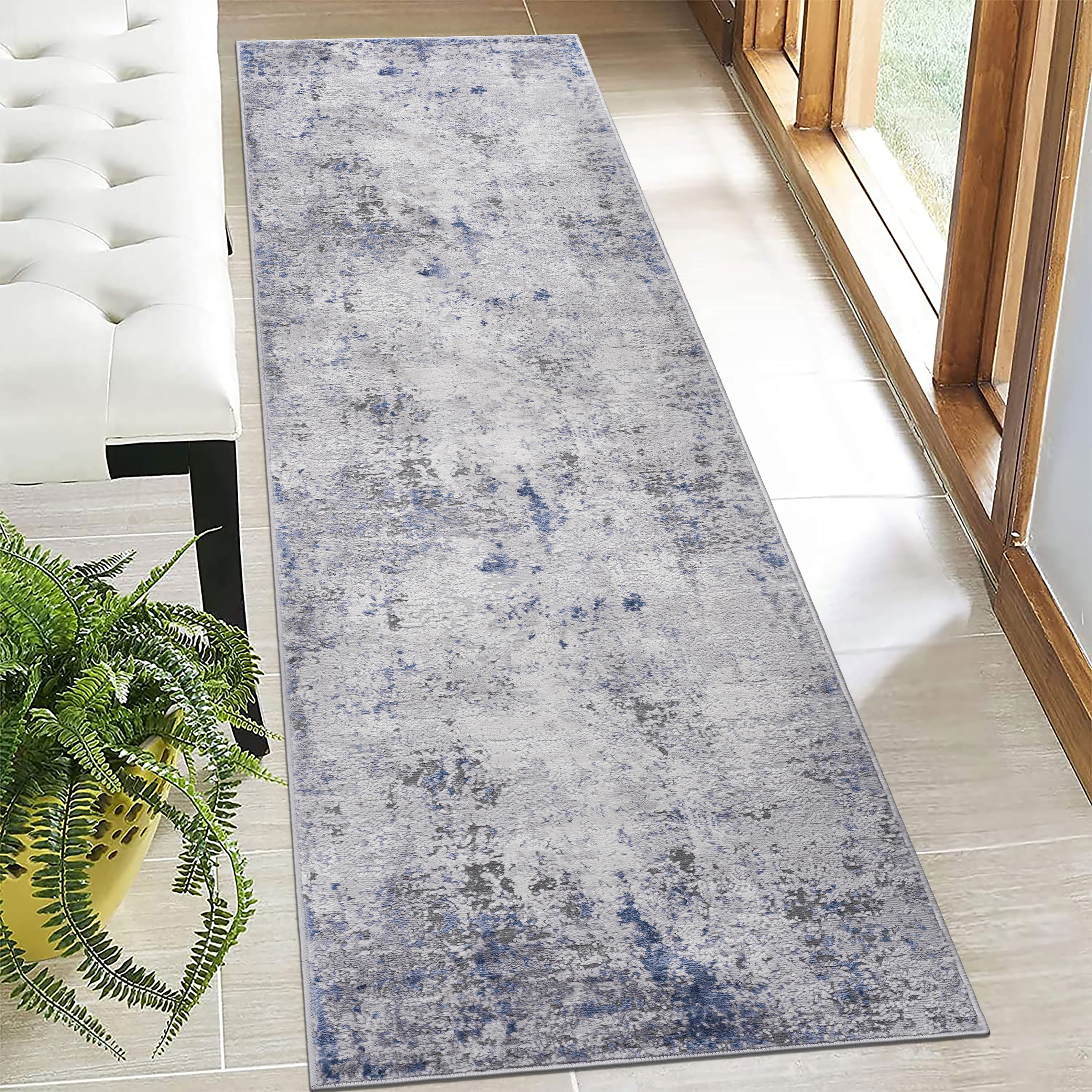 NAAR MARFI Collection 2X8 Silver / Blue / Abstract Runner Rug