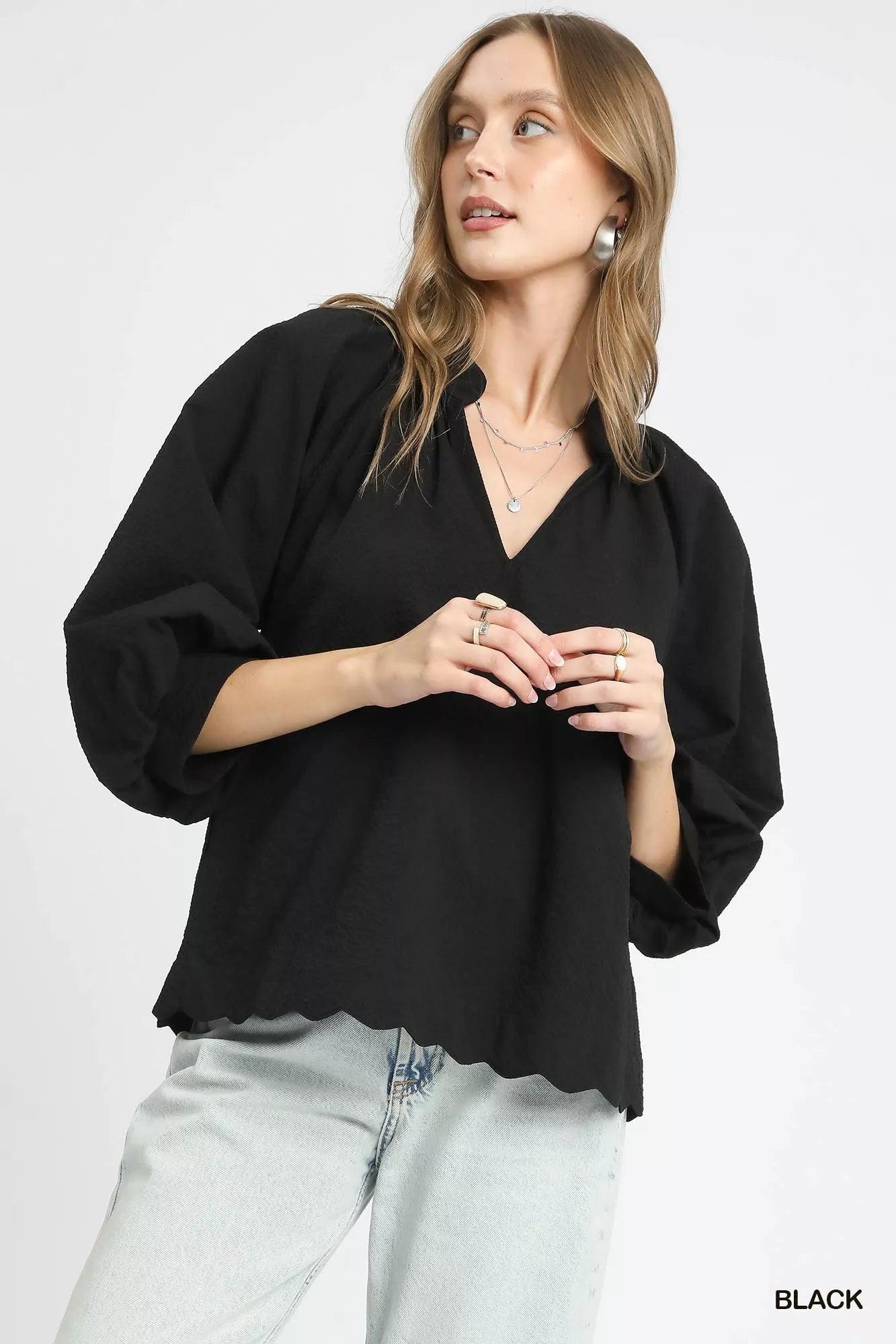 Umgee Full Size Textured Notched Balloon Sleeve Blouse Plus Size