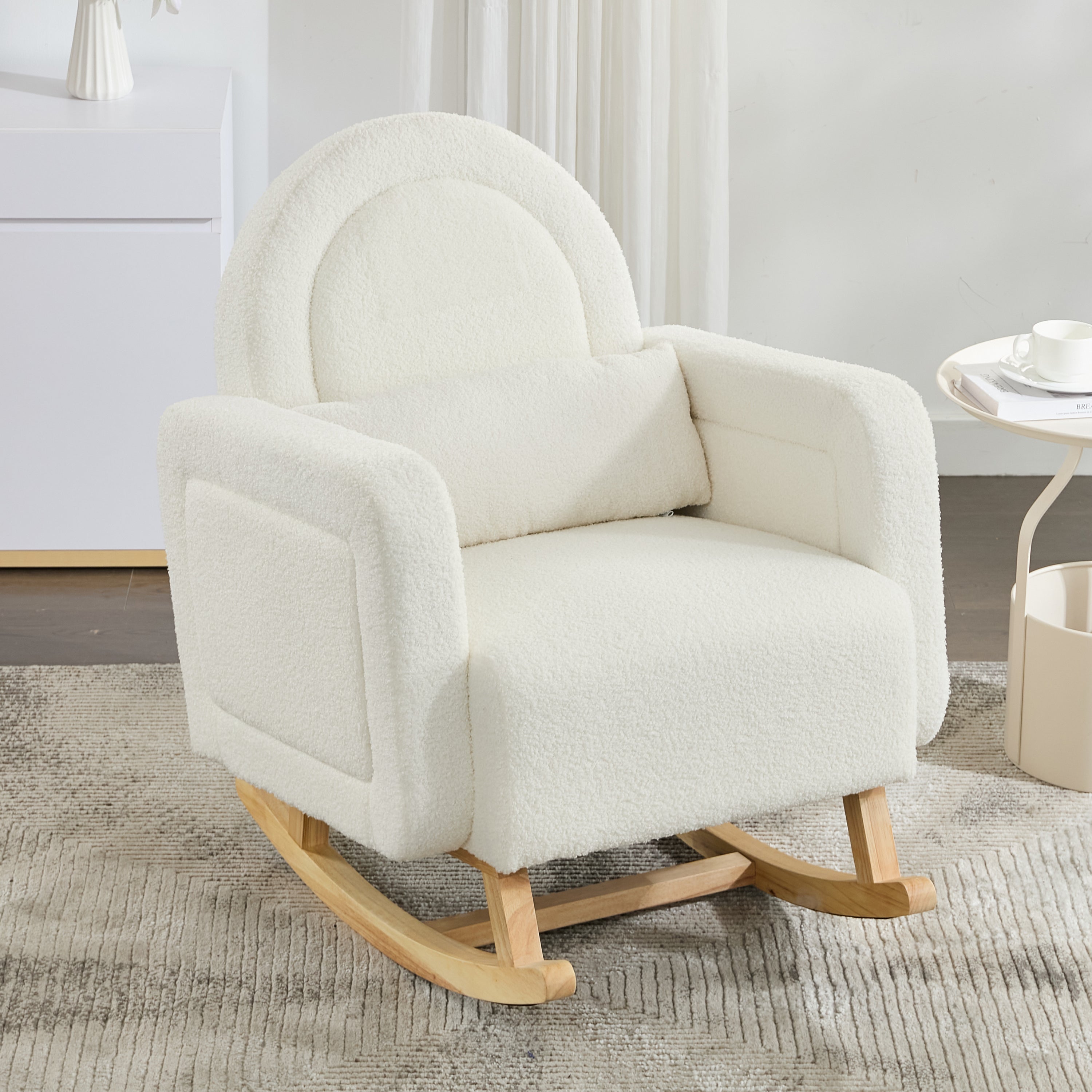 Accent Rocking Chair with Curved Back &amp;amp; Pillow, Ultimate Comfort for Your Home, Teddy Velvet, Cream White