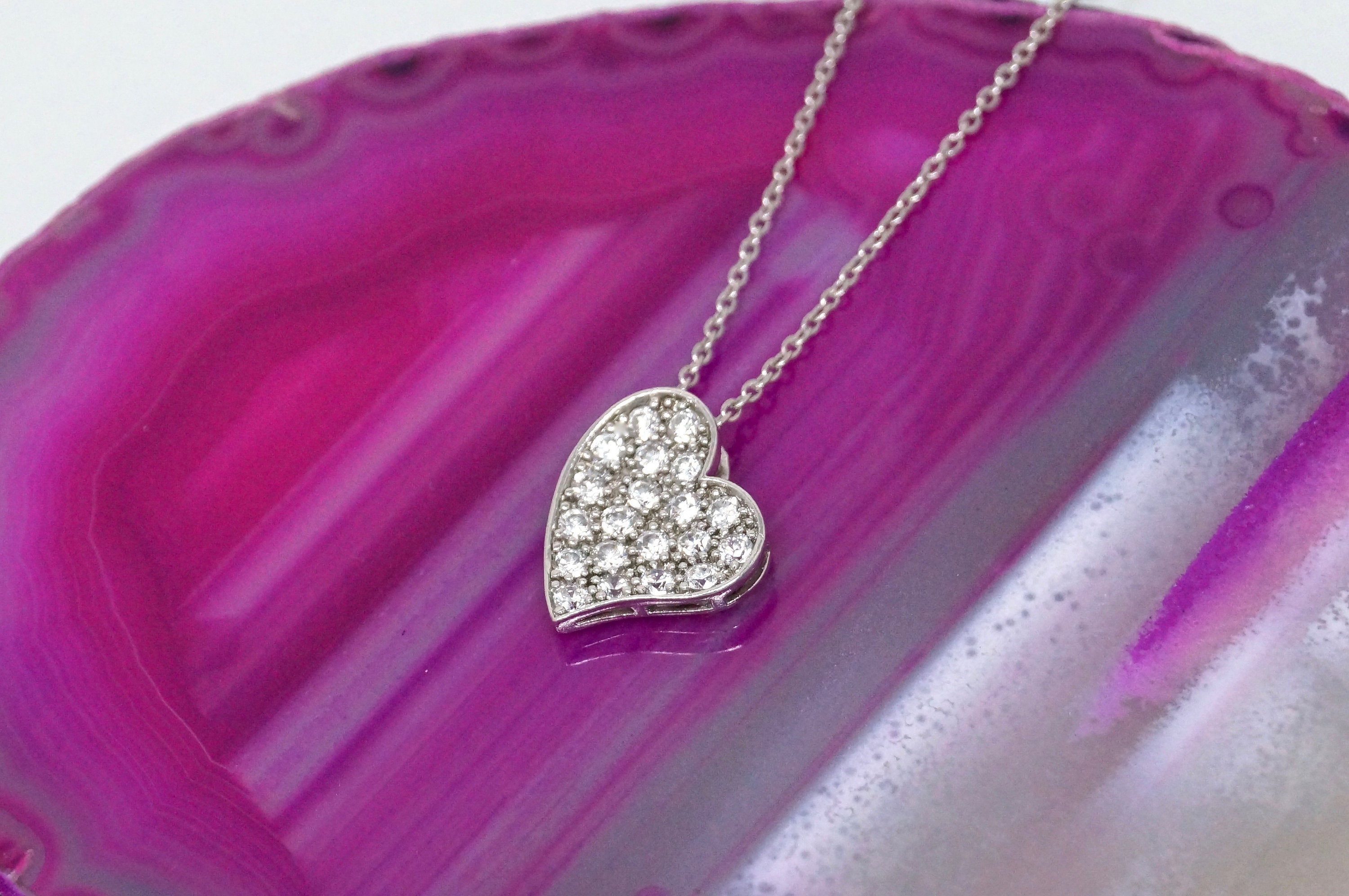 Vintage Simulated Diamond Accented Sweetheart Heart Sterling Silver Necklace 18&amp;quot;