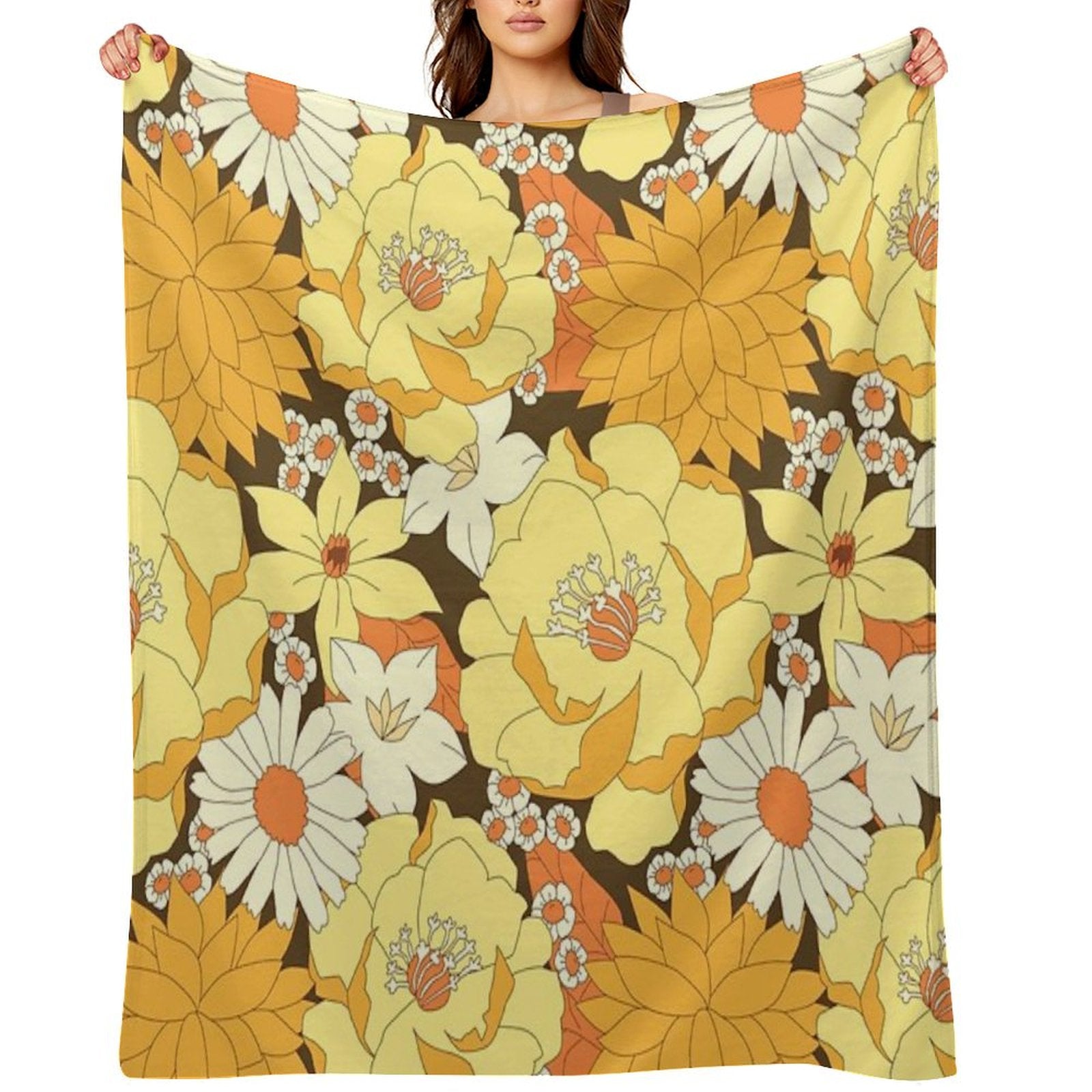 Yellow, Orange And Brown Vintage Floral Pattern Throw Blanket