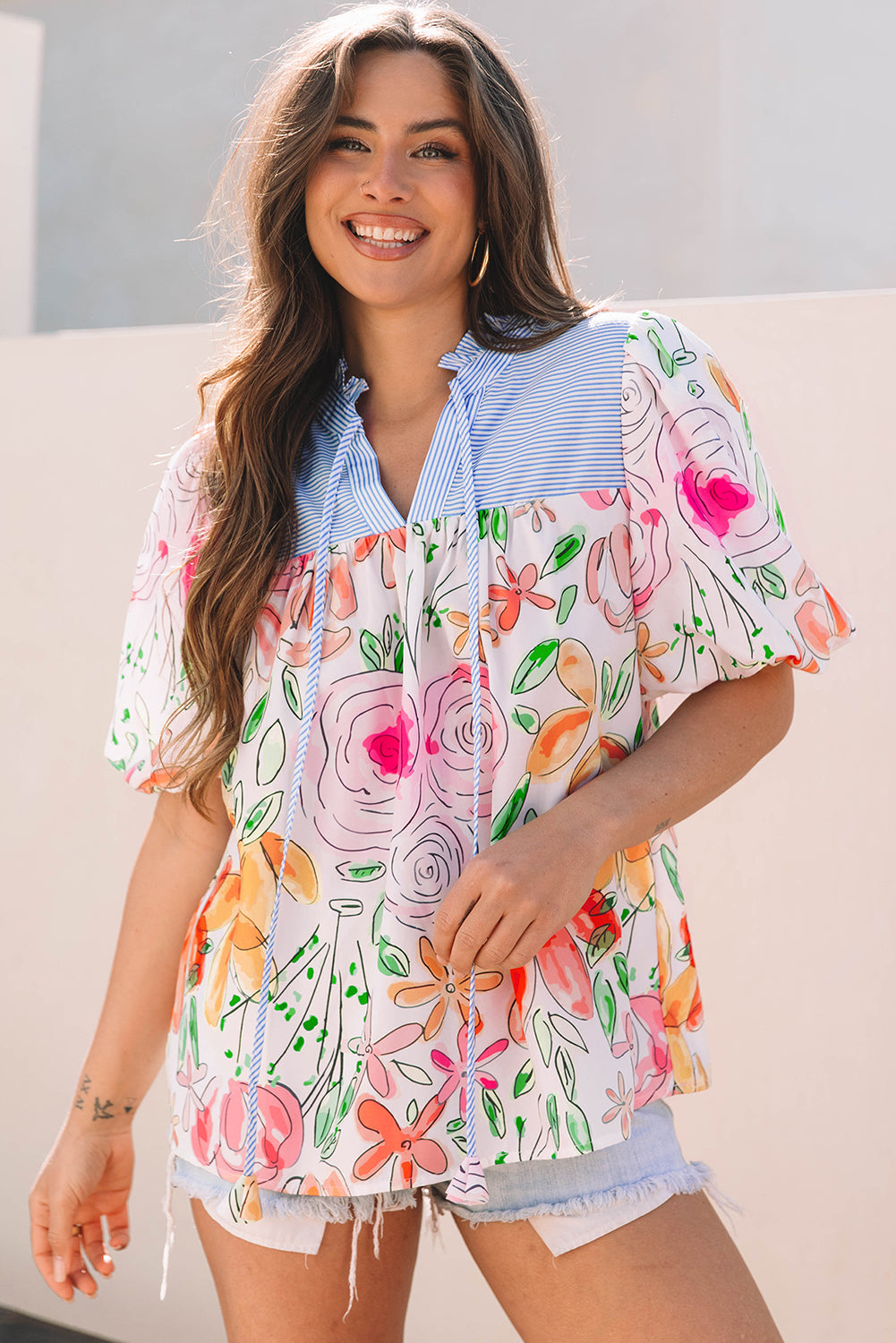 Premium Cameron Floral Striped Yoke Blouse with Puff Short Sleeves and Frilled V Neck