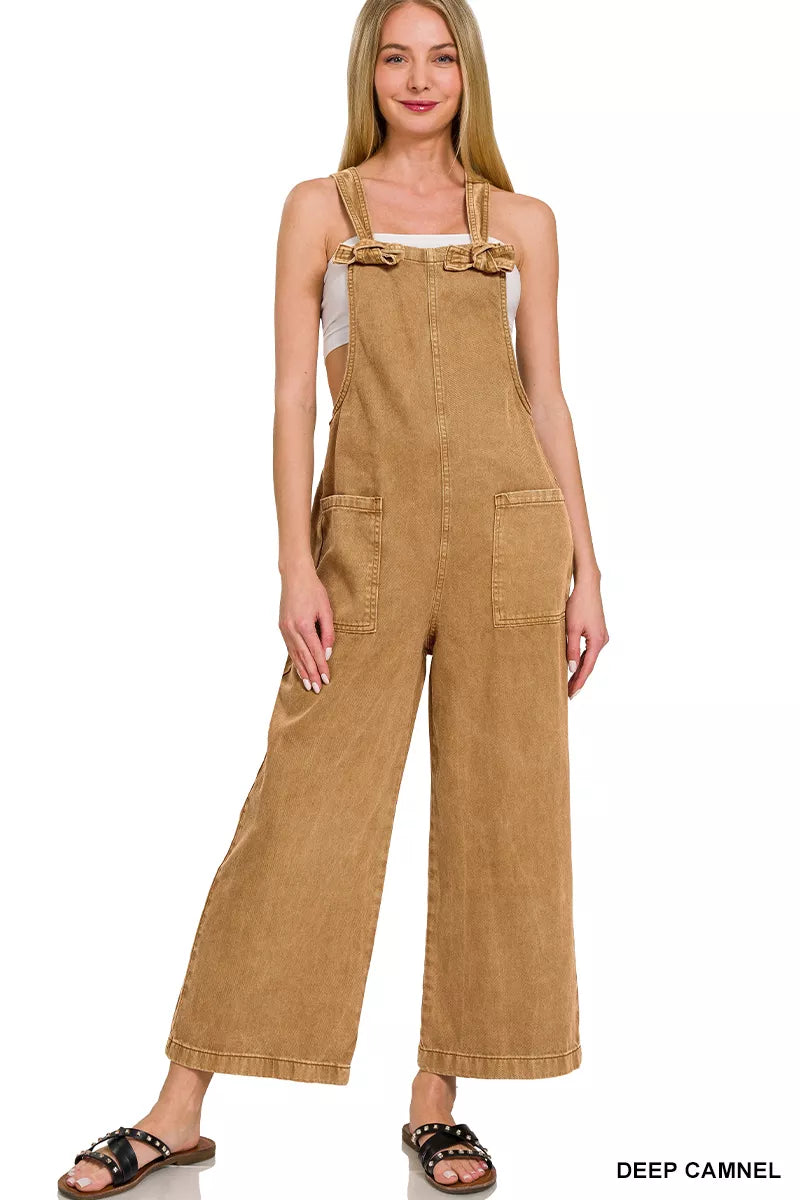 Zenana Washed Knot Strap Pockets Jumpsuit