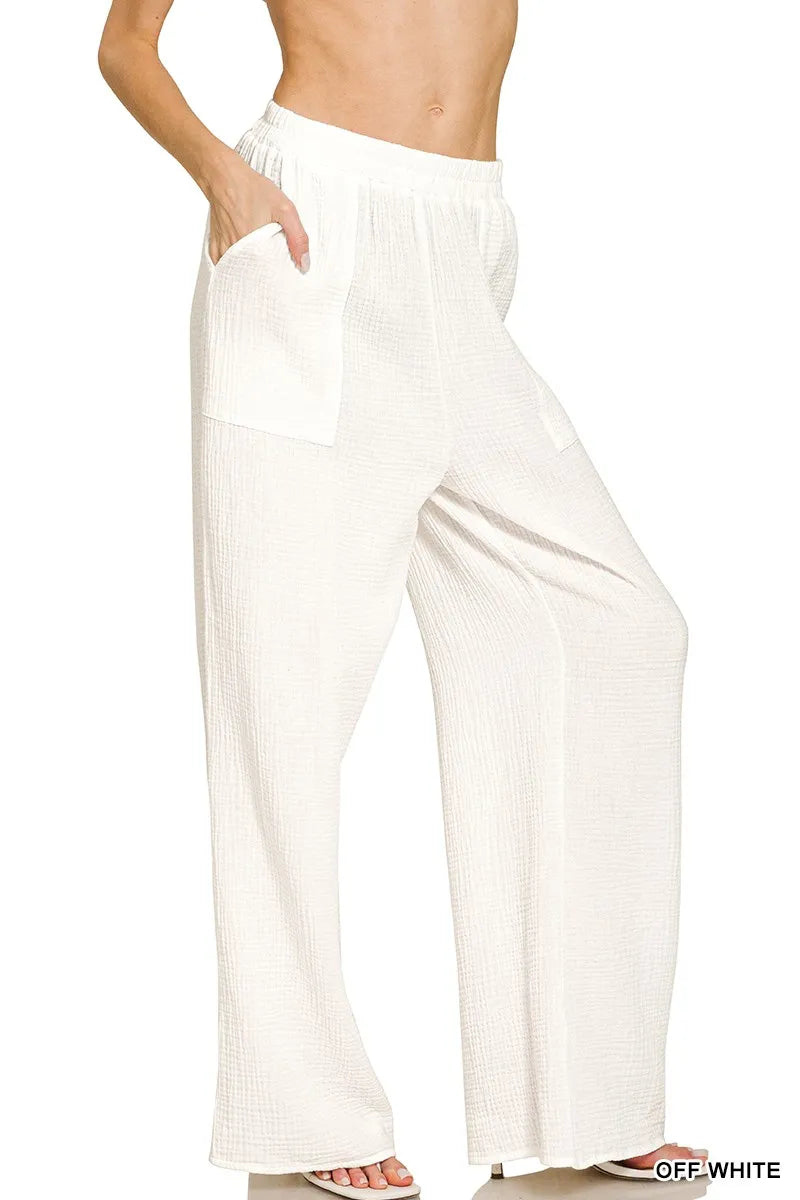 Zenana Double Gauze Elastic Band Pants