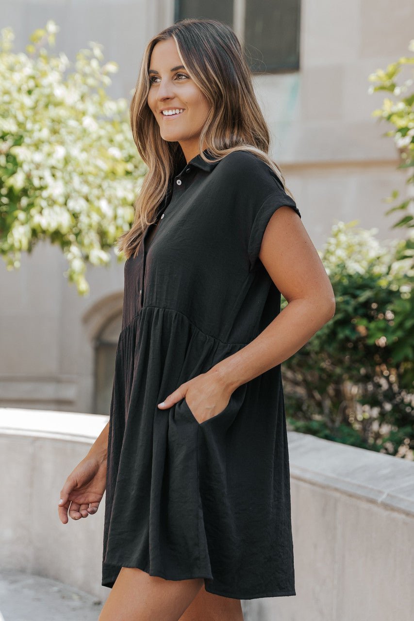 Back To Summer Black Button Up Mini Dress