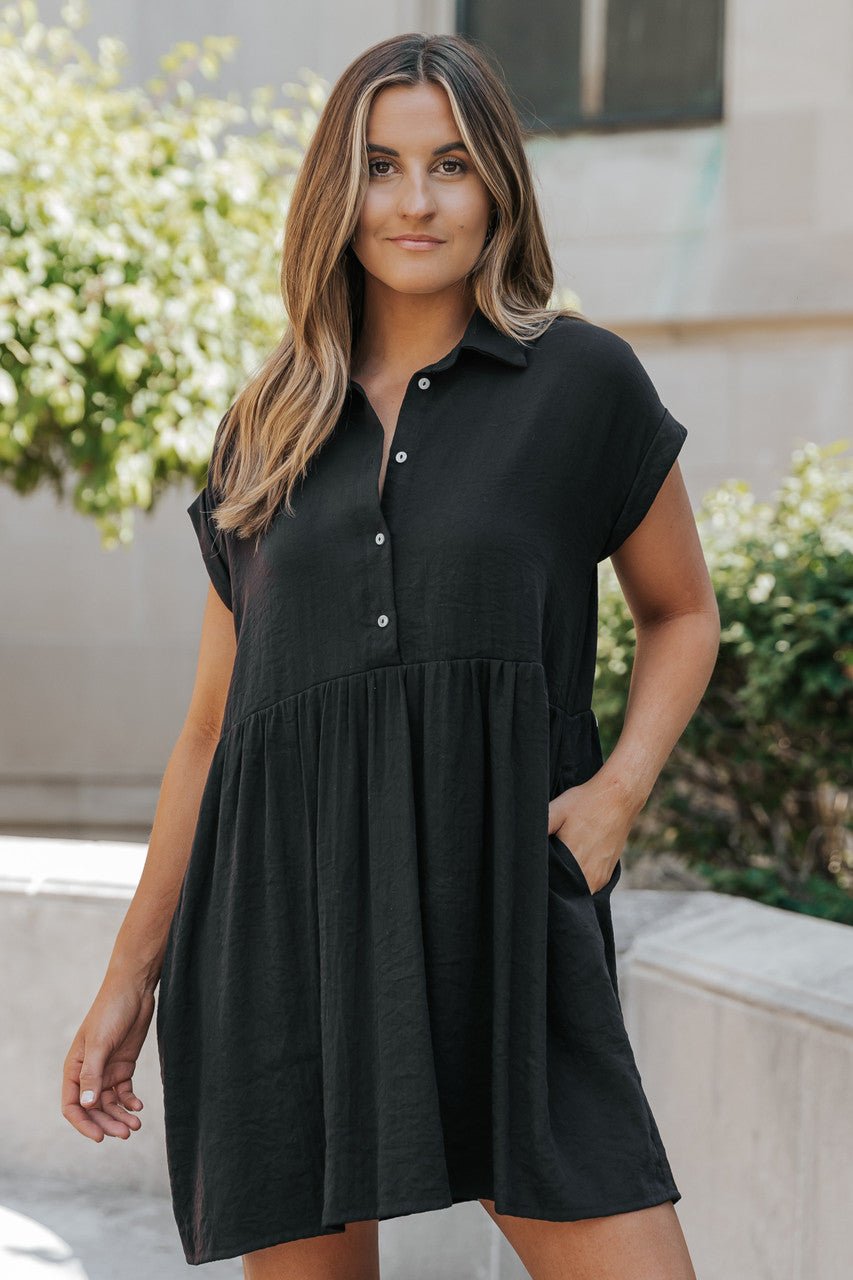 Back To Summer Black Button Up Mini Dress - DOORBUSTER