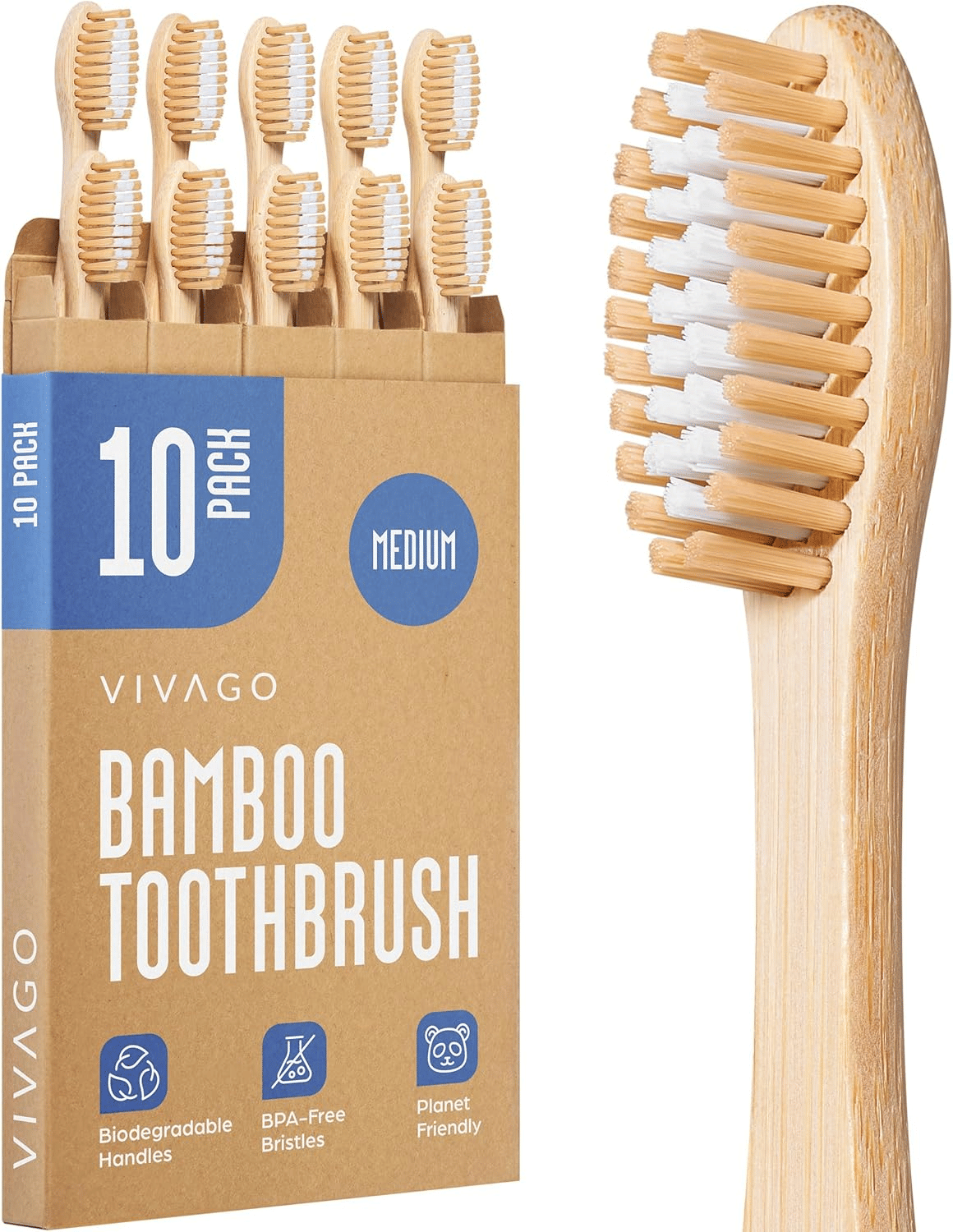 Bamboo Toothbrushes Medium Bristles 10 Pack - BPA Free Medium Bristles Toothbrushes for Adults | Eco-Friendly, Compostable &amp;amp; Biodegradable Toothbrush | Natural Wooden Toothbrushes