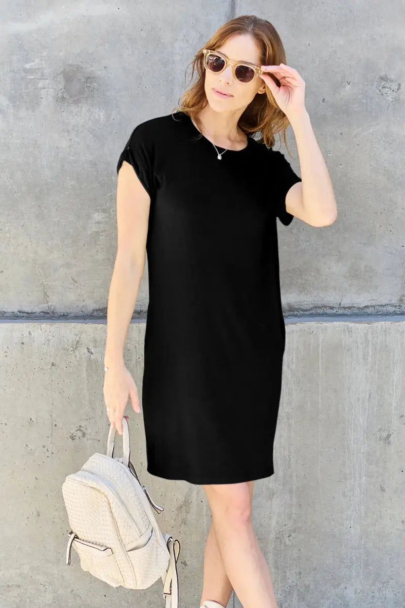 Basic Bae Bamboo Dress Black Small Round Neck with Pockets