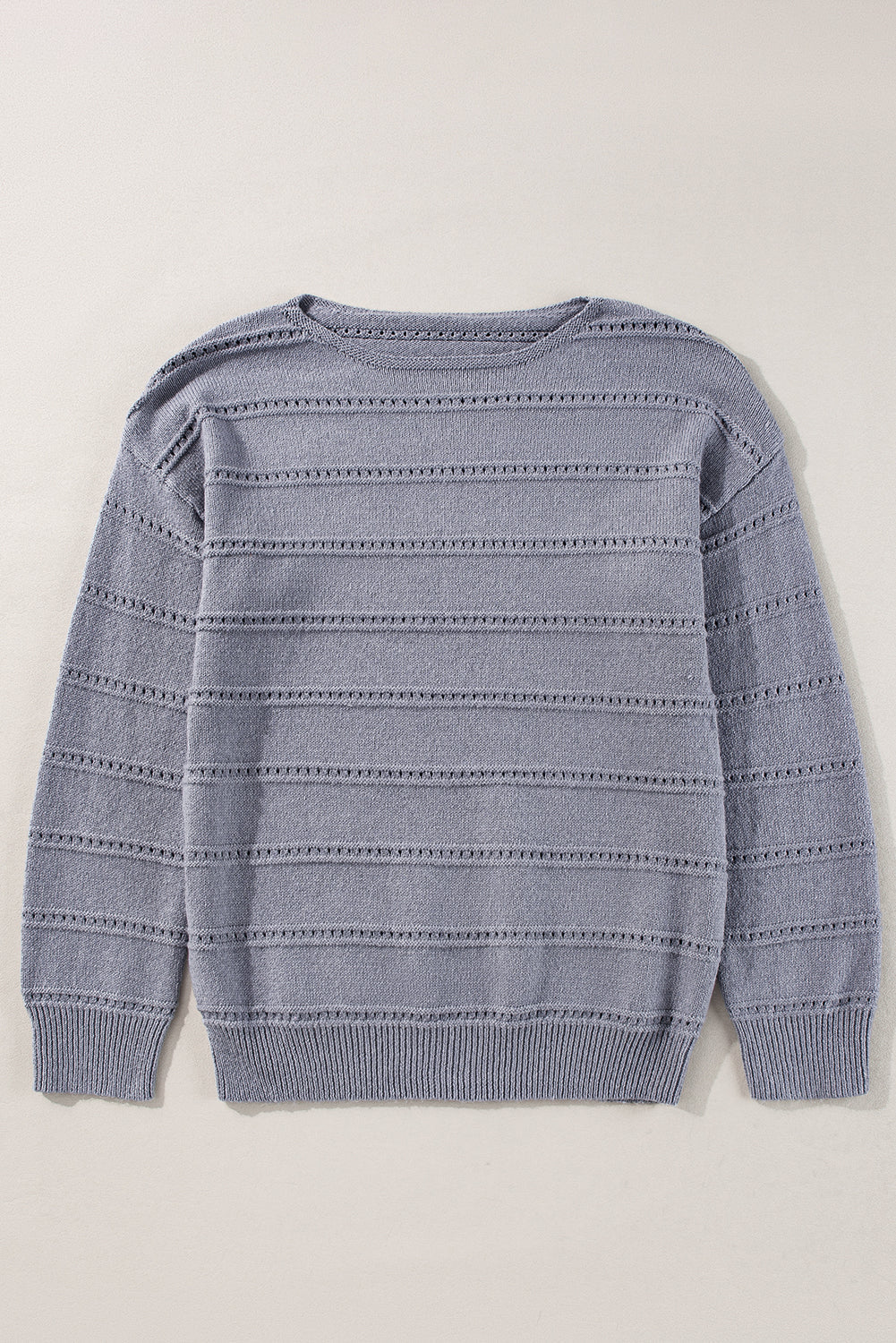 Pointelle Knit Boat Neck Drop Shoulder Sweater