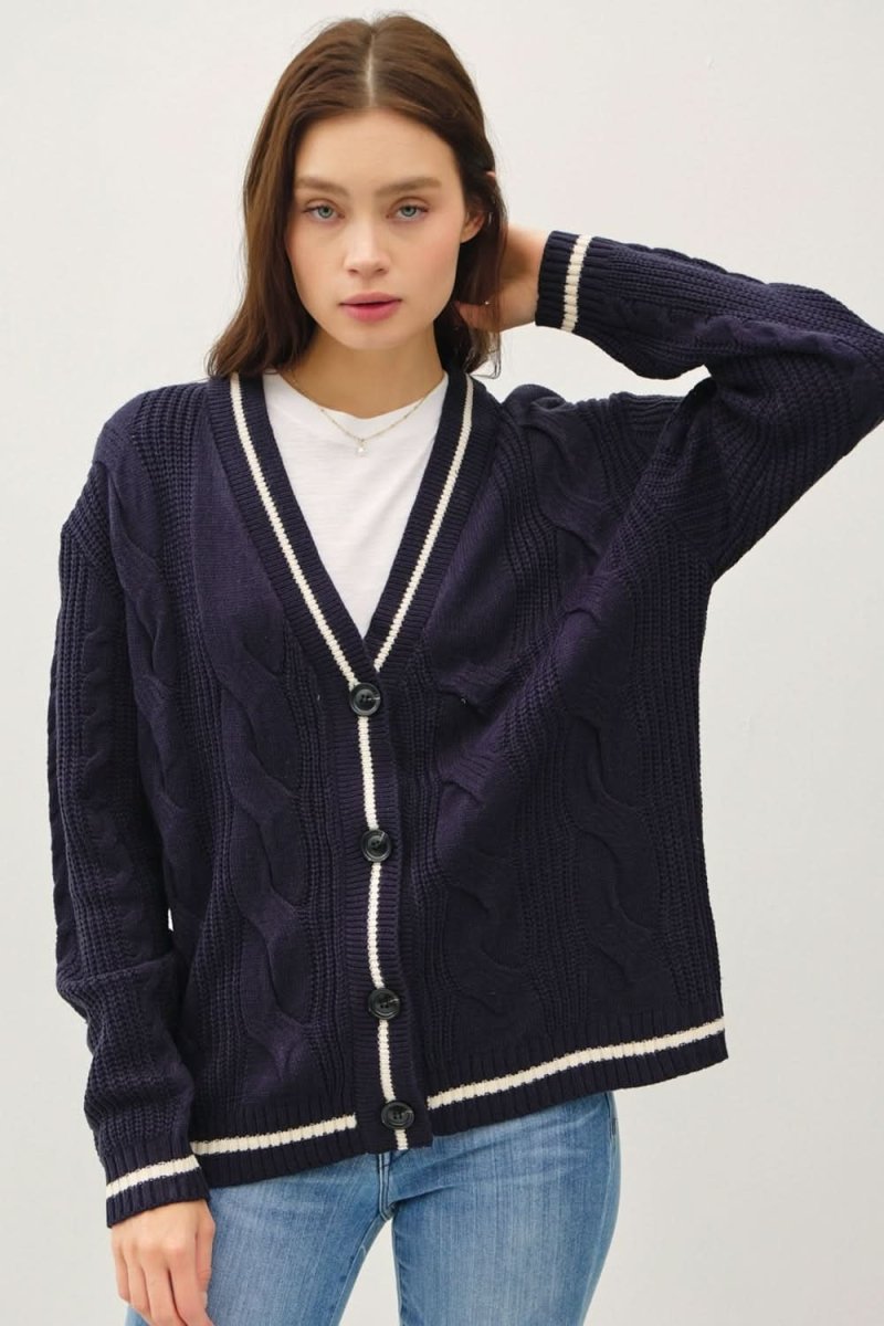 Be Cool Contrast Trim Cable-Knit V-Neck Cardigan by