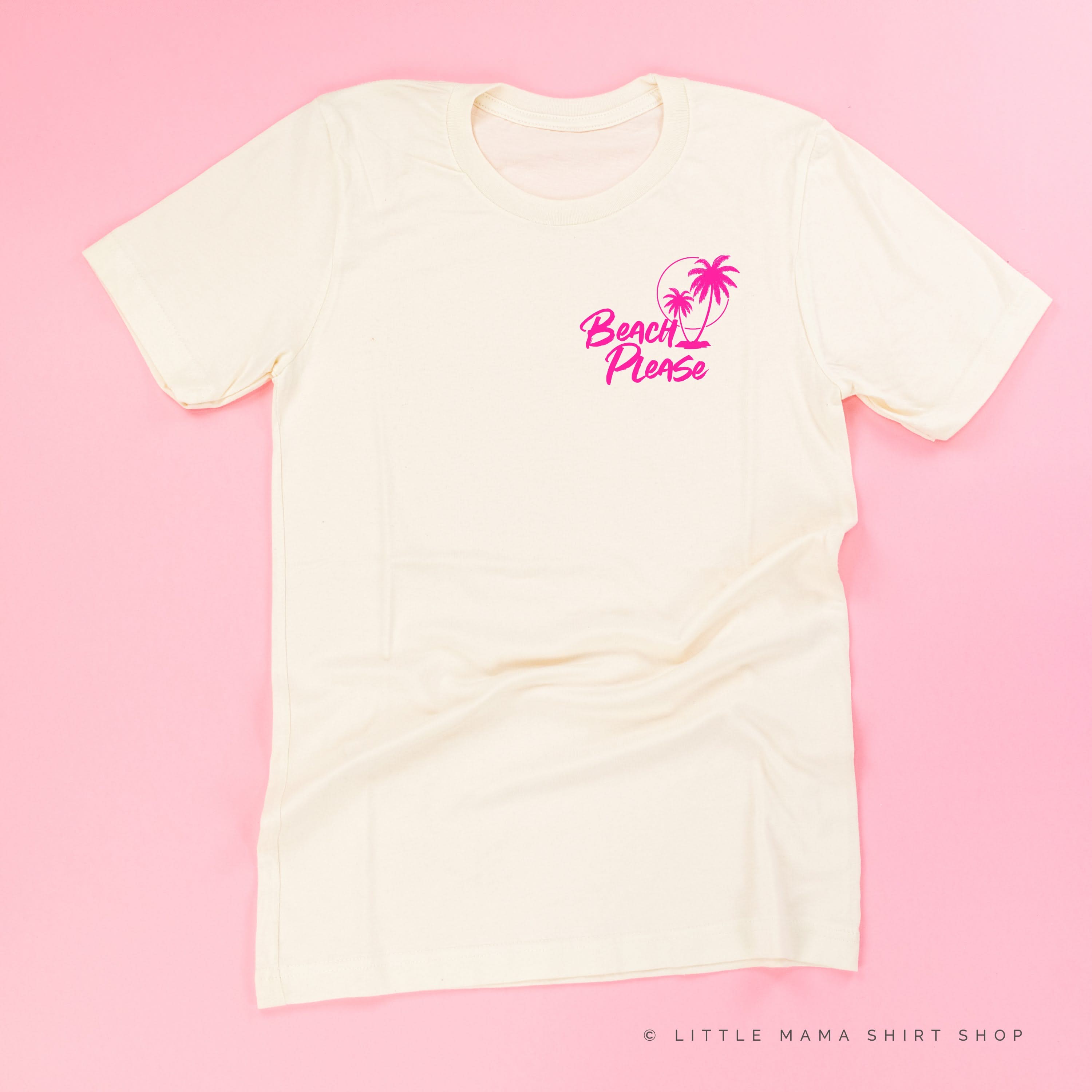 BEACH PLEASE POCKET DESIGN FRONT / 2 PALM TREES BACK - Unisex Tee