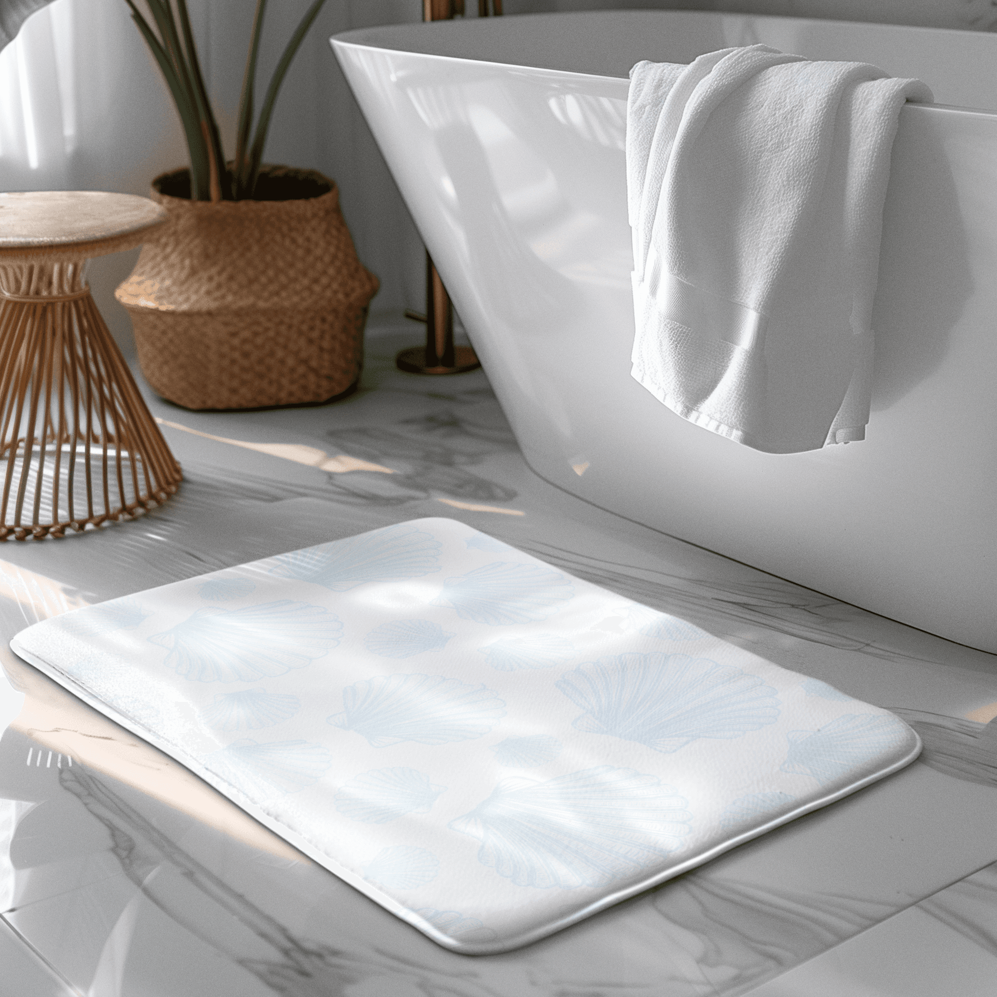 Light Blue Seashell Pattern Non-Slip Bath Mat