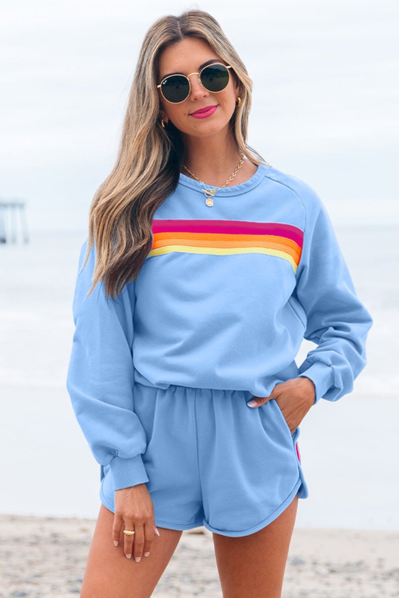 Love Salve  Beau Blue Accent Pullover and Shorts Two Piece
