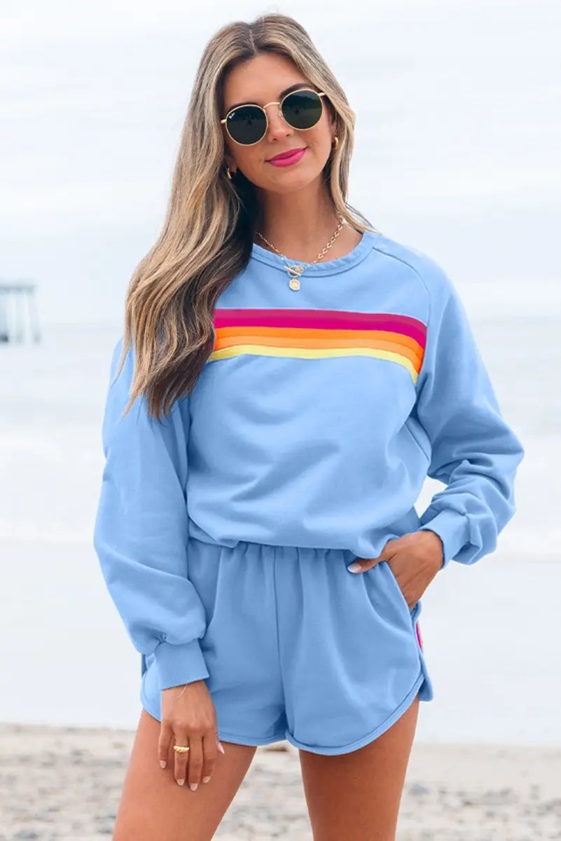 Love Salve  Beau Blue Accent Pullover and Shorts Two Piece