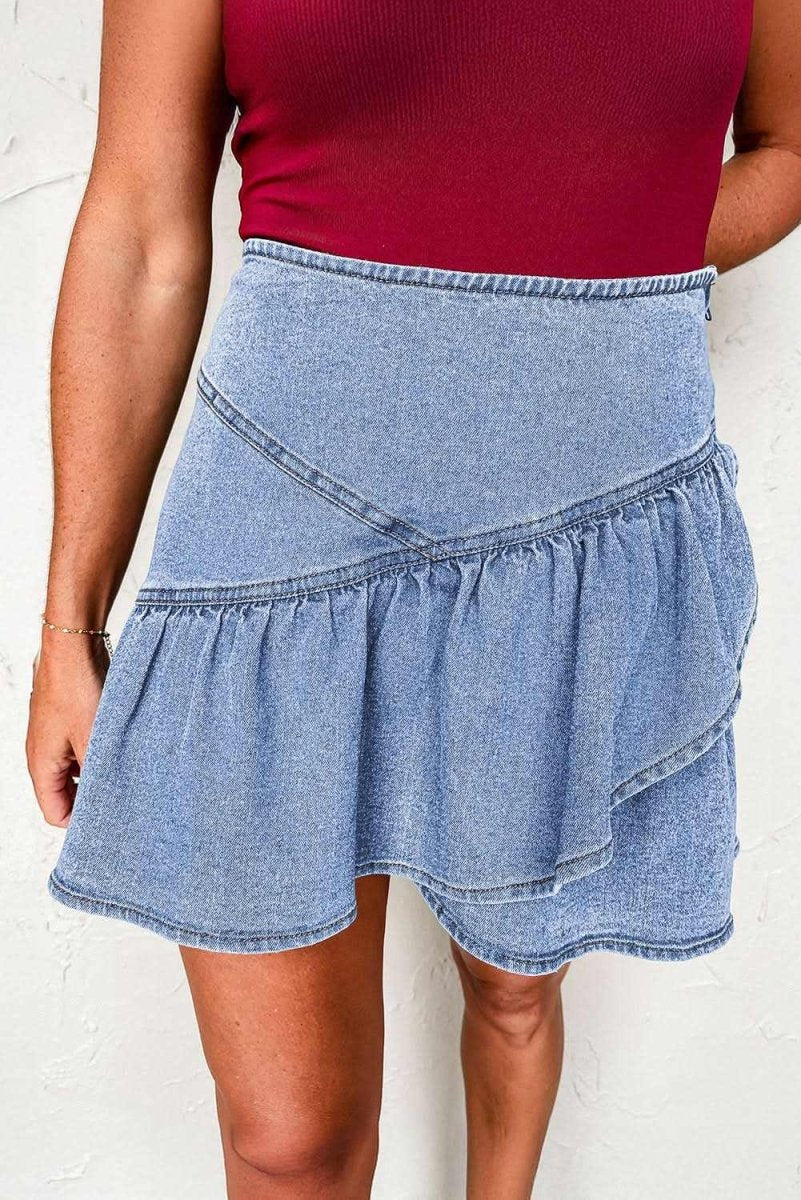 Love Salve  Beau Blue Ruffled Asymmetric Denim Mini Skirt