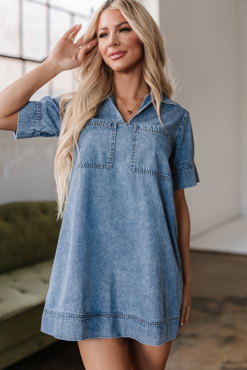Love Salve  Beau Blue Short Sleeve Collared Patched Pocket