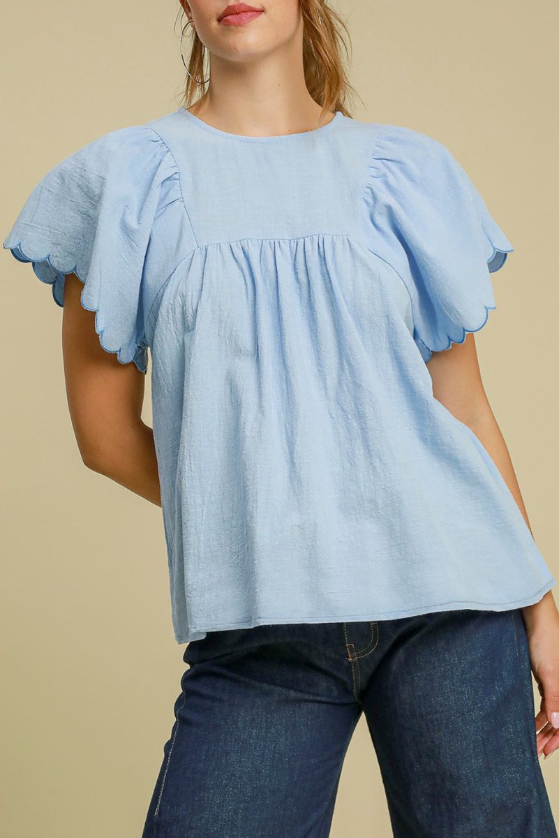 Love Salve  Beau Blue Solid Color Embroidered Scalloped