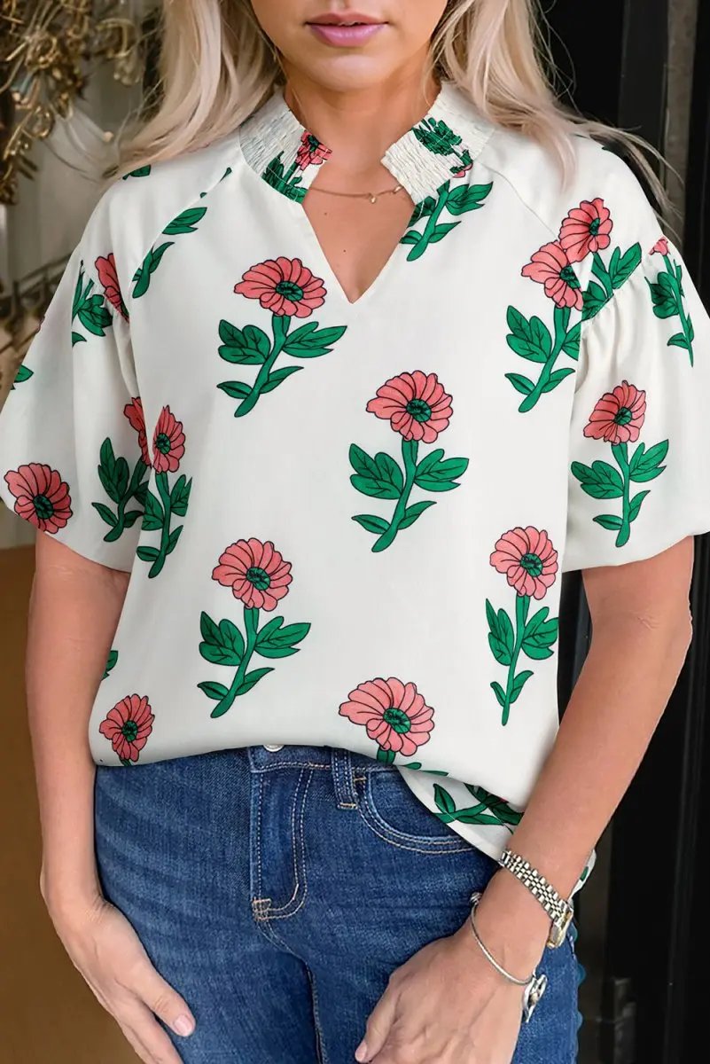 Love Salve  Beige Floral Print Shirred Split Neck Short