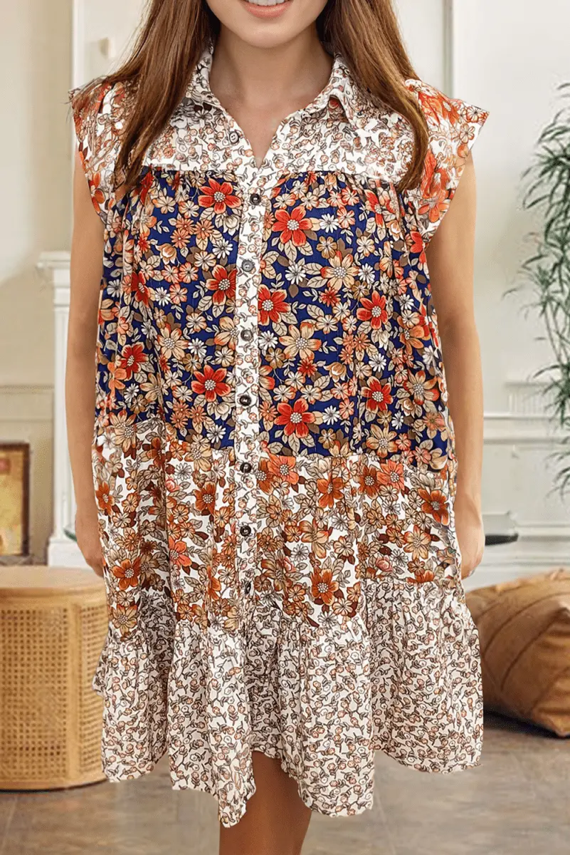 Love Salve Beige Floral Dress Plus Size Women&amp;#39;s Southern Belle Mini Dress - Button Front