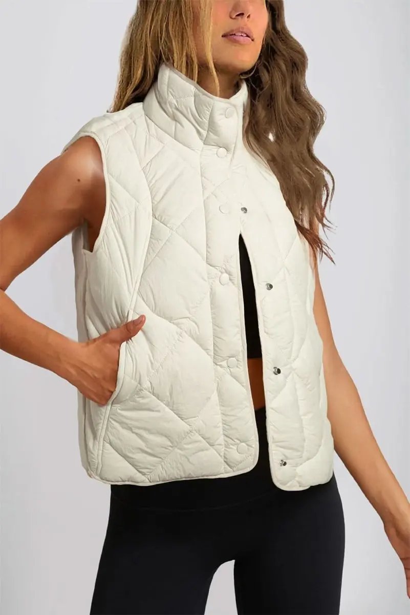 Love Salve Beige Quilted Vest Women&amp;#39;s Daily Casual Coat: High Neck, Button Up