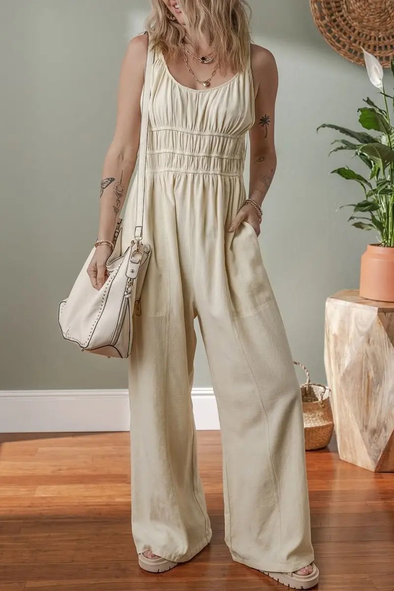 Love Salve Beige Jumpsuit Daily Wear Women&amp;#39;s Casual Romper Ruched Waist, Wide Leg