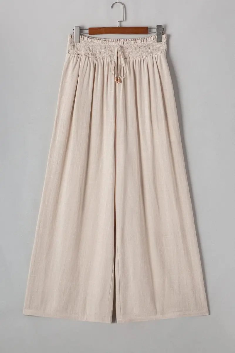 Love Salve Beige Smocked Wide Leg Women&amp;#39;s Plus Size Pants: Daily Casual Cotton Linen Comfort