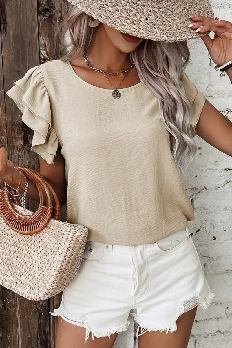 Love Salve Beige Blouse Women&#39;s Daily Wear Ruffle Sleeve Elegant Top